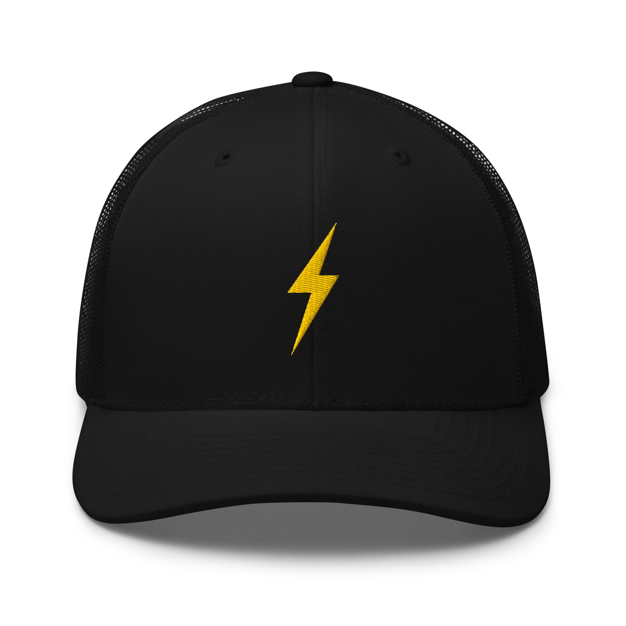 Black trucker hat with a yellow lightning bolt design on front panel