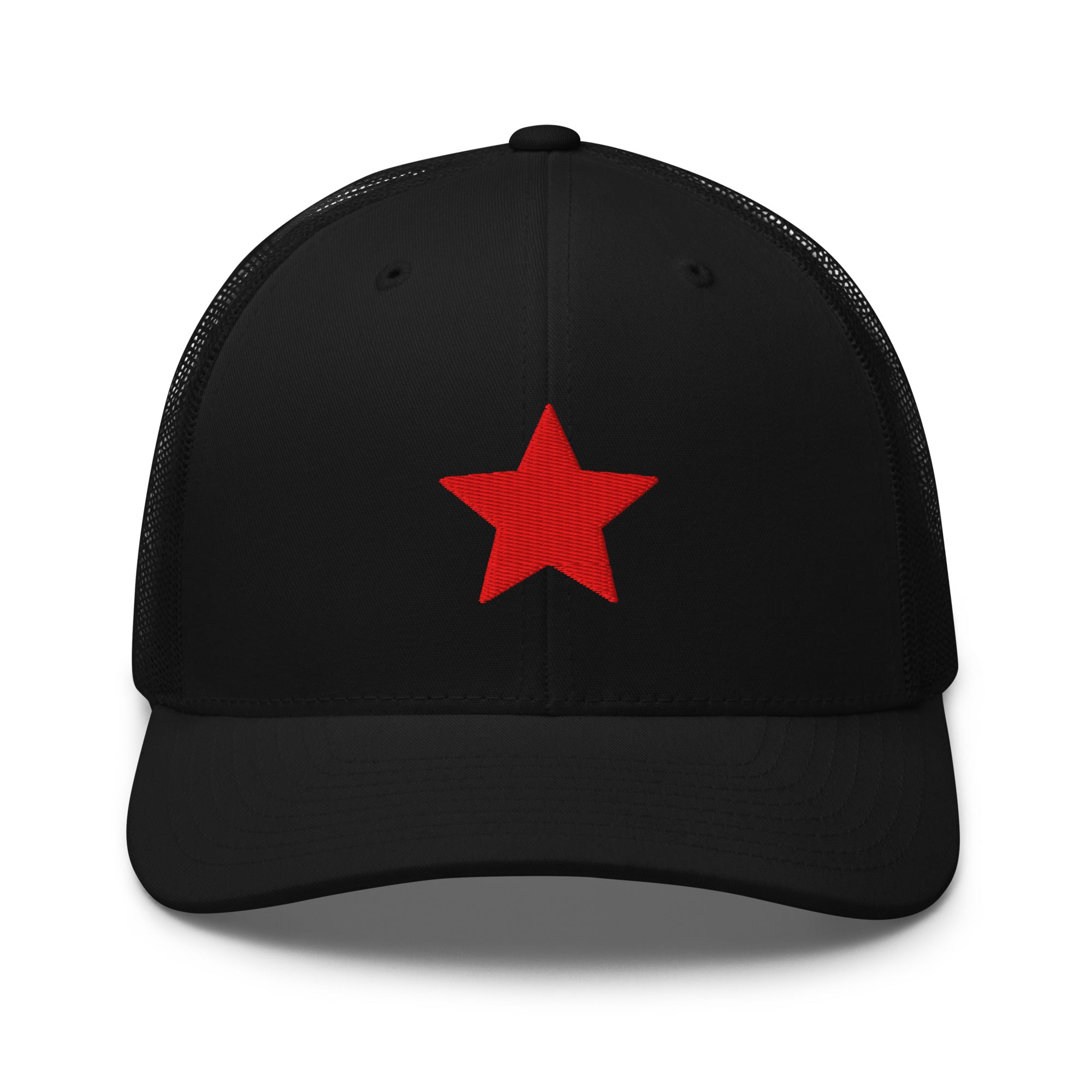 Black truckers hat with an embroidered red star, structured front, mesh back, and adjustable fit by Kicks Shoelaces