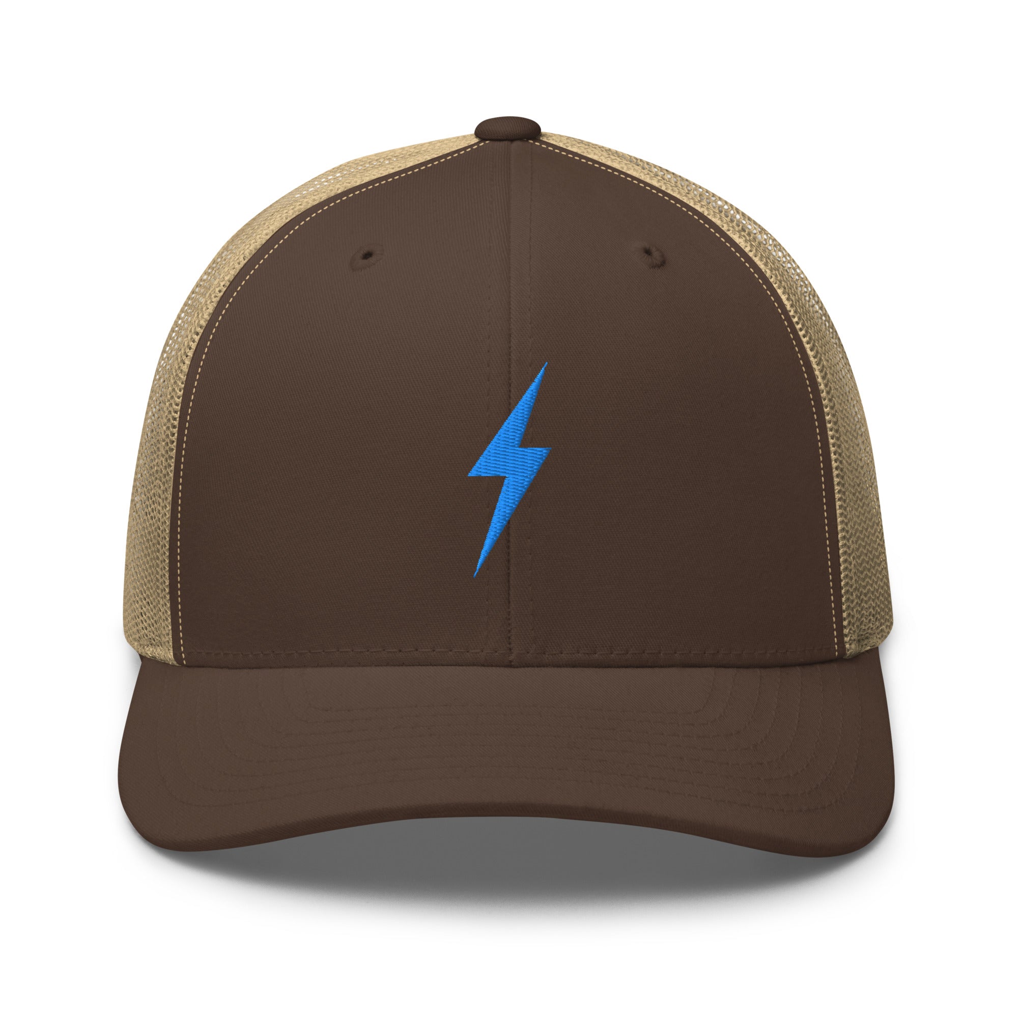 Brown and khaki trucker hat with an embroidered sky blue lightning bolt design on the front panel