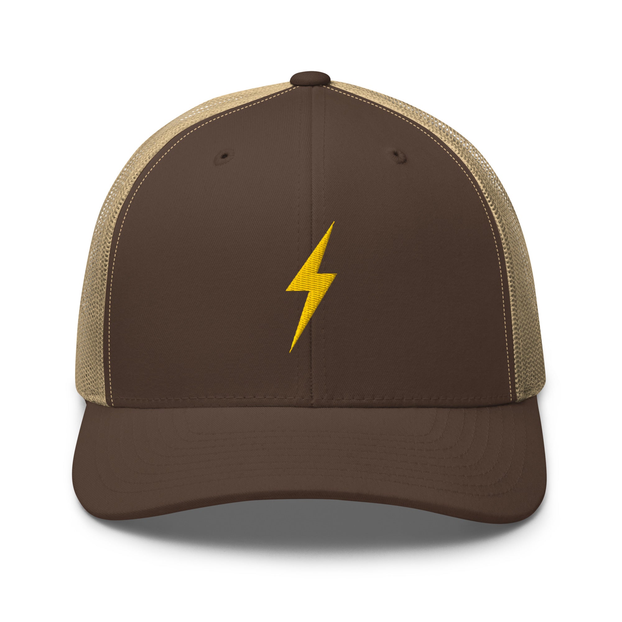 Brown and khaki trucker hat with a yellow lightning bolt design on front panel
