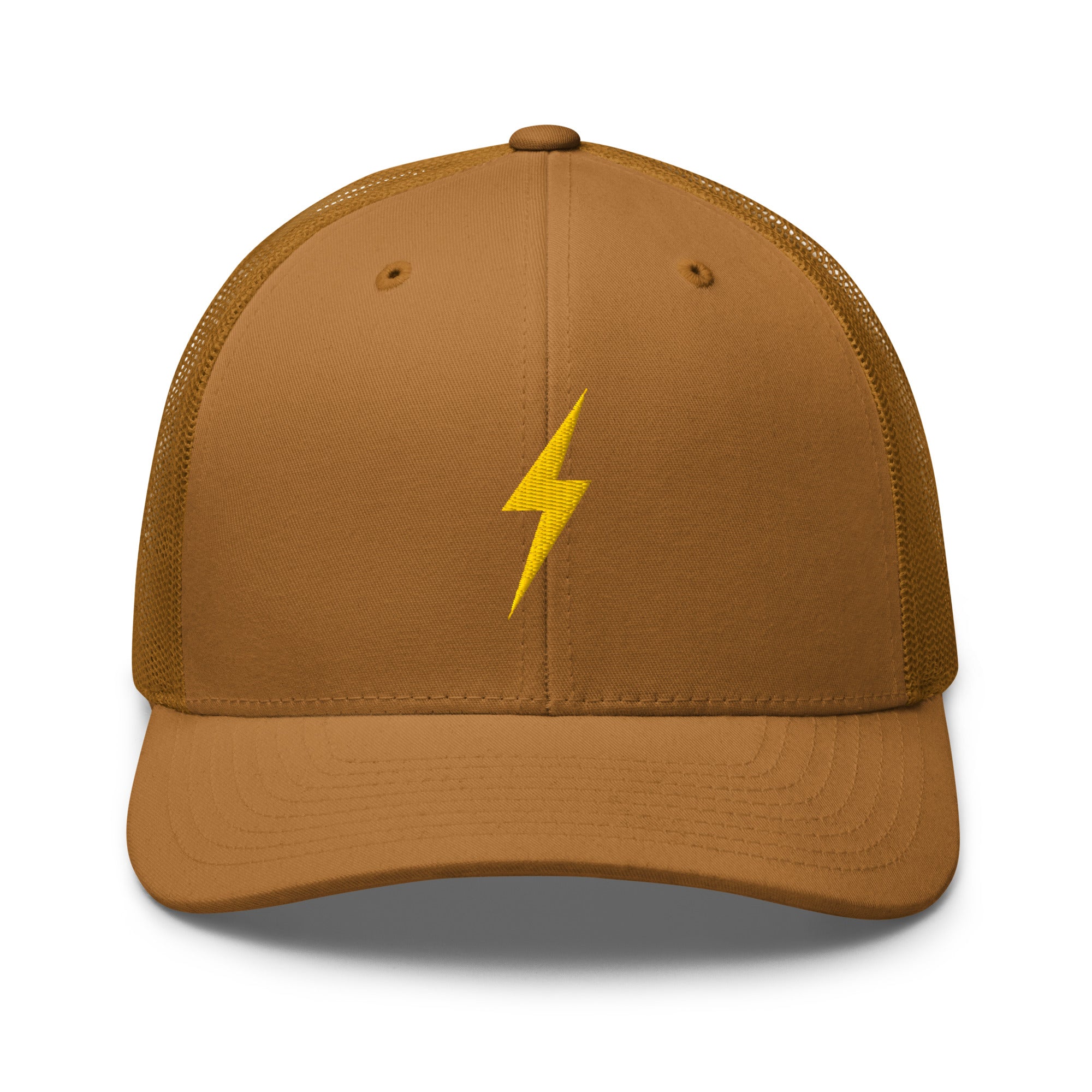 Caramel trucker hat with a yellow lightning bolt design on front panel