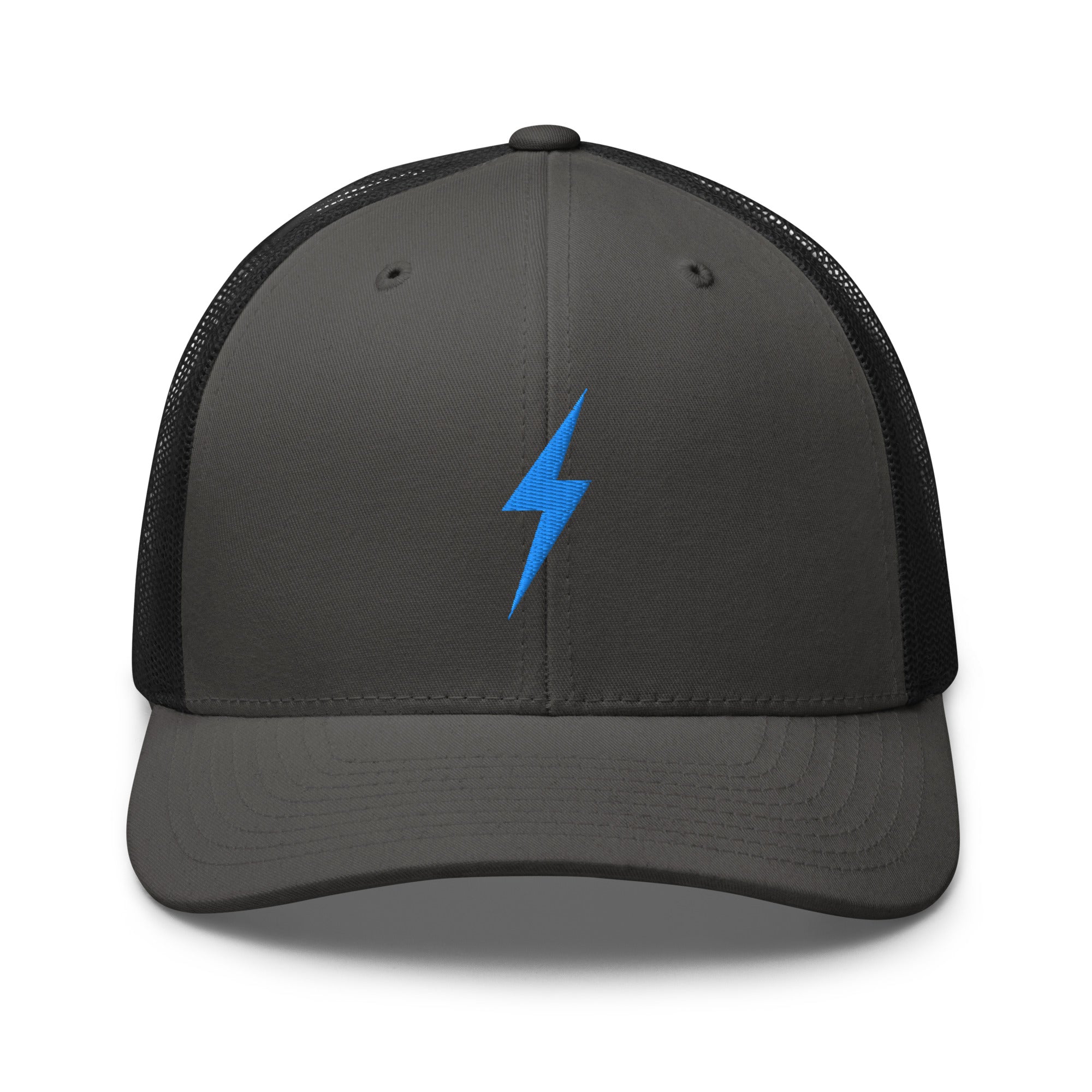 Charcoal and black trucker hat with an embroidered sky blue lightning bolt design on the front panel