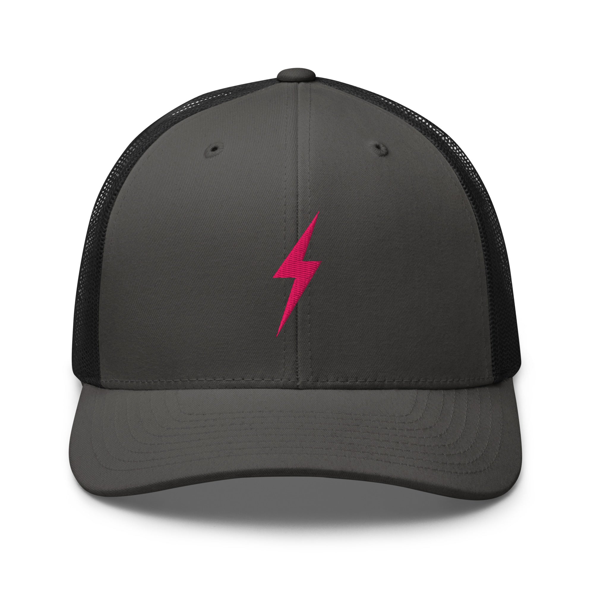 Charcoal and black trucker hat with pink lightning bolt design on front panel