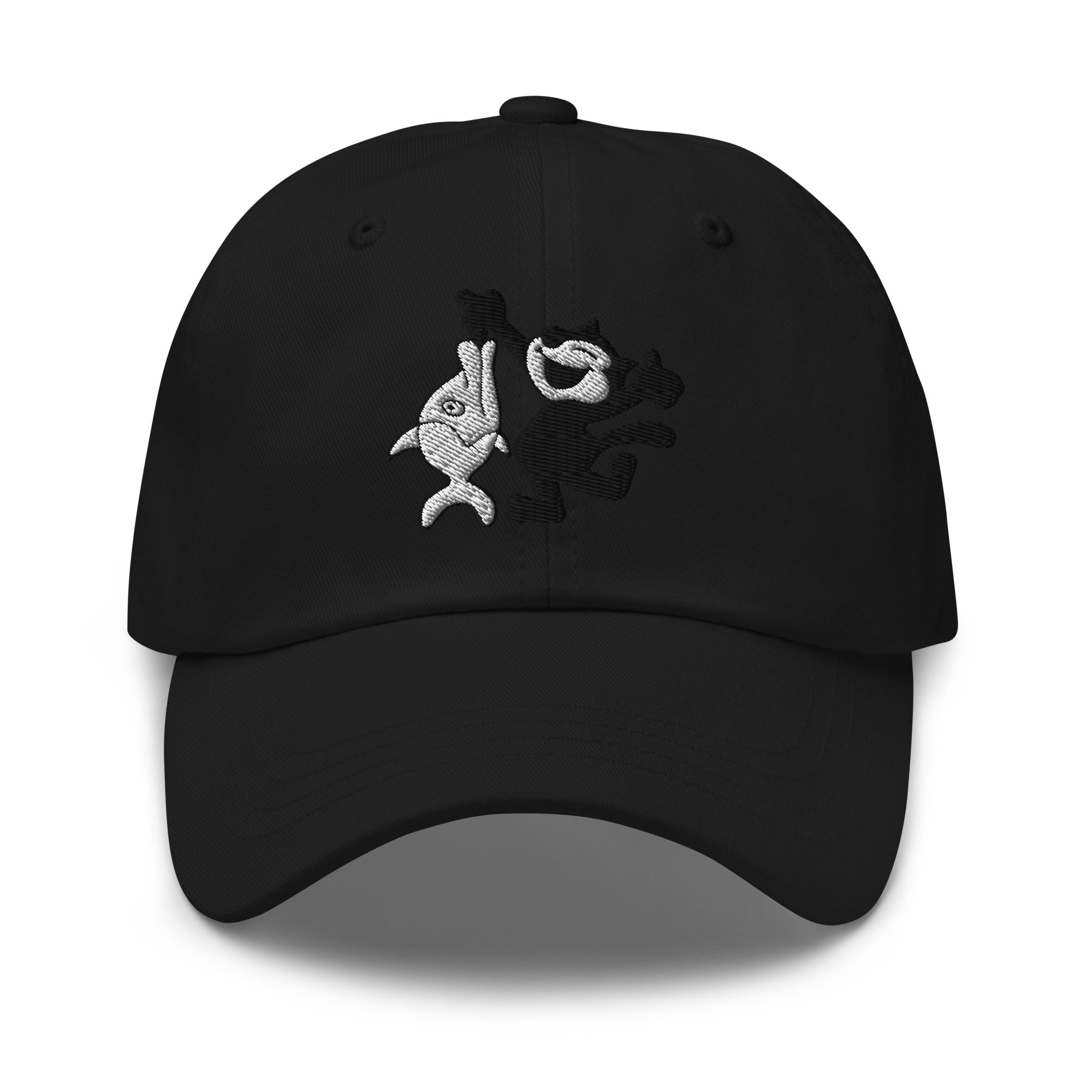 Black dad hat featuring a 1920 Felix the Cat fishing design from Disney’s early animation era