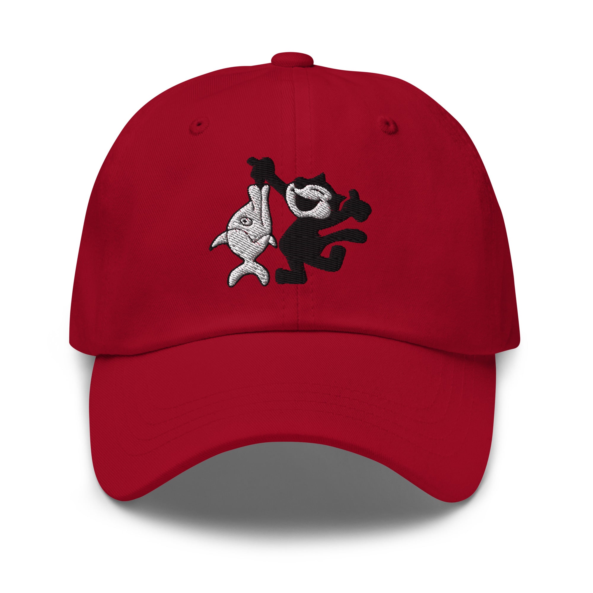 Red dad hat featuring a 1920 Felix the Cat fishing design from Disney’s early animation era