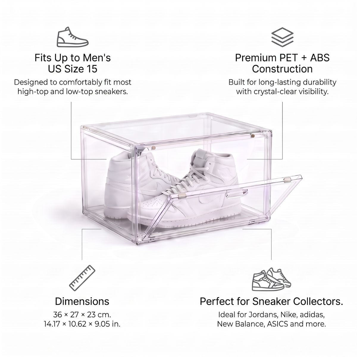 Clear shoe display box with a drop down door, shown on a white background with text callouts about size, construction, dimensions, and suitability for sneaker collectors. White high-top sneakers are placed inside as a demonstration.