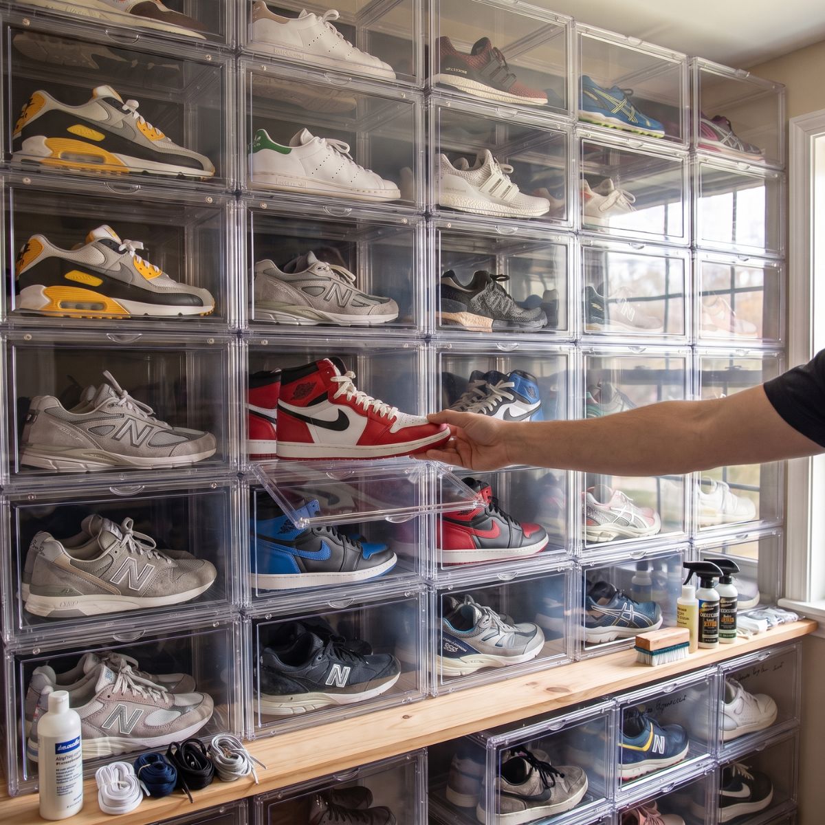 Opening a magnetic drop-down door on a clear shoe display box to access a sneaker