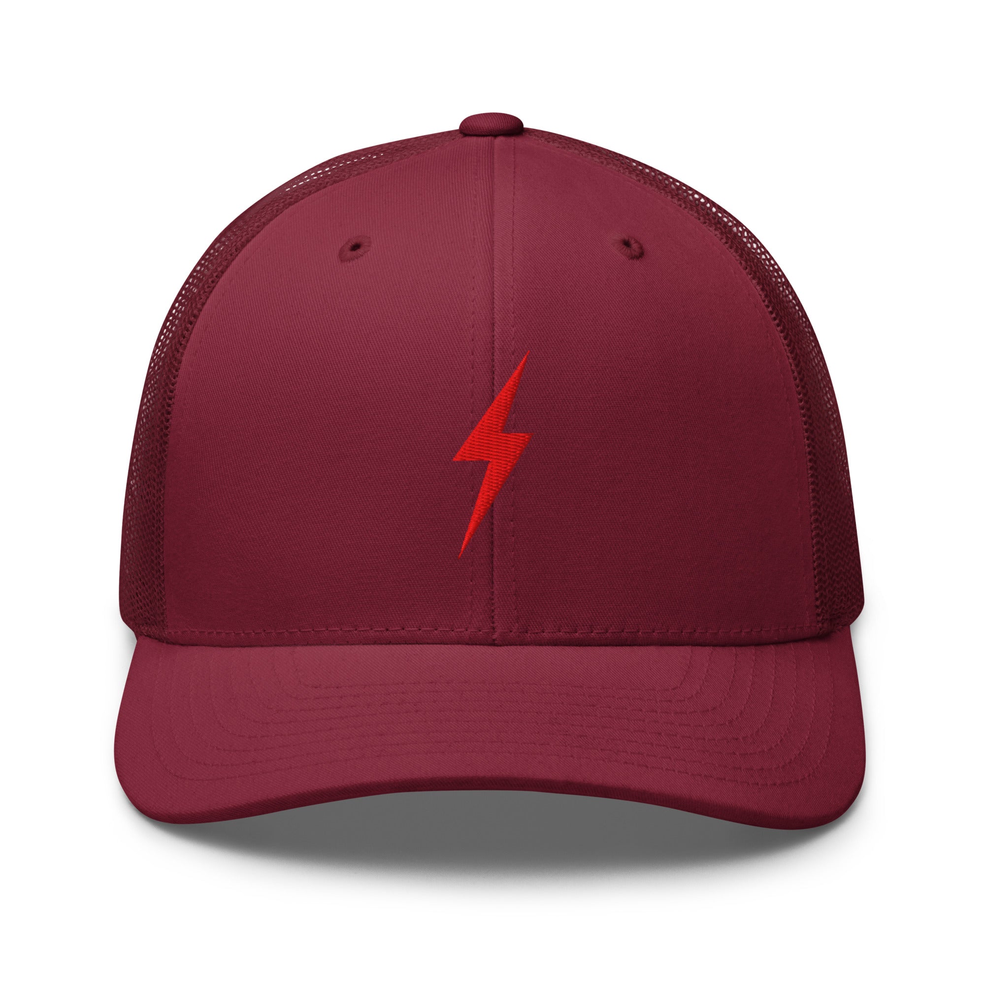Cranberry trucker hat with an embroidered red lightning bolt design on the front panel