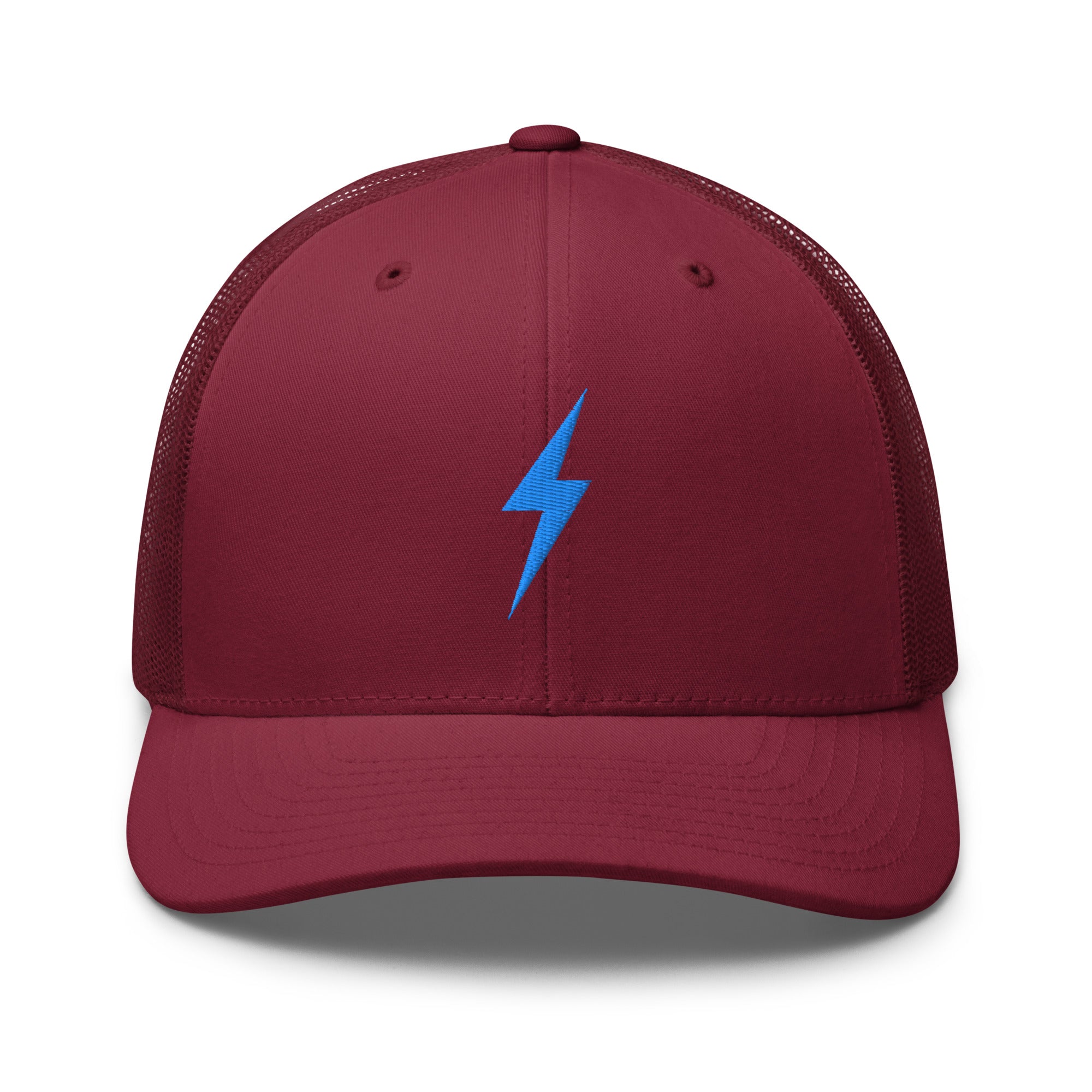 Cranberry trucker hat with an embroidered sky blue lightning bolt design on the front panel