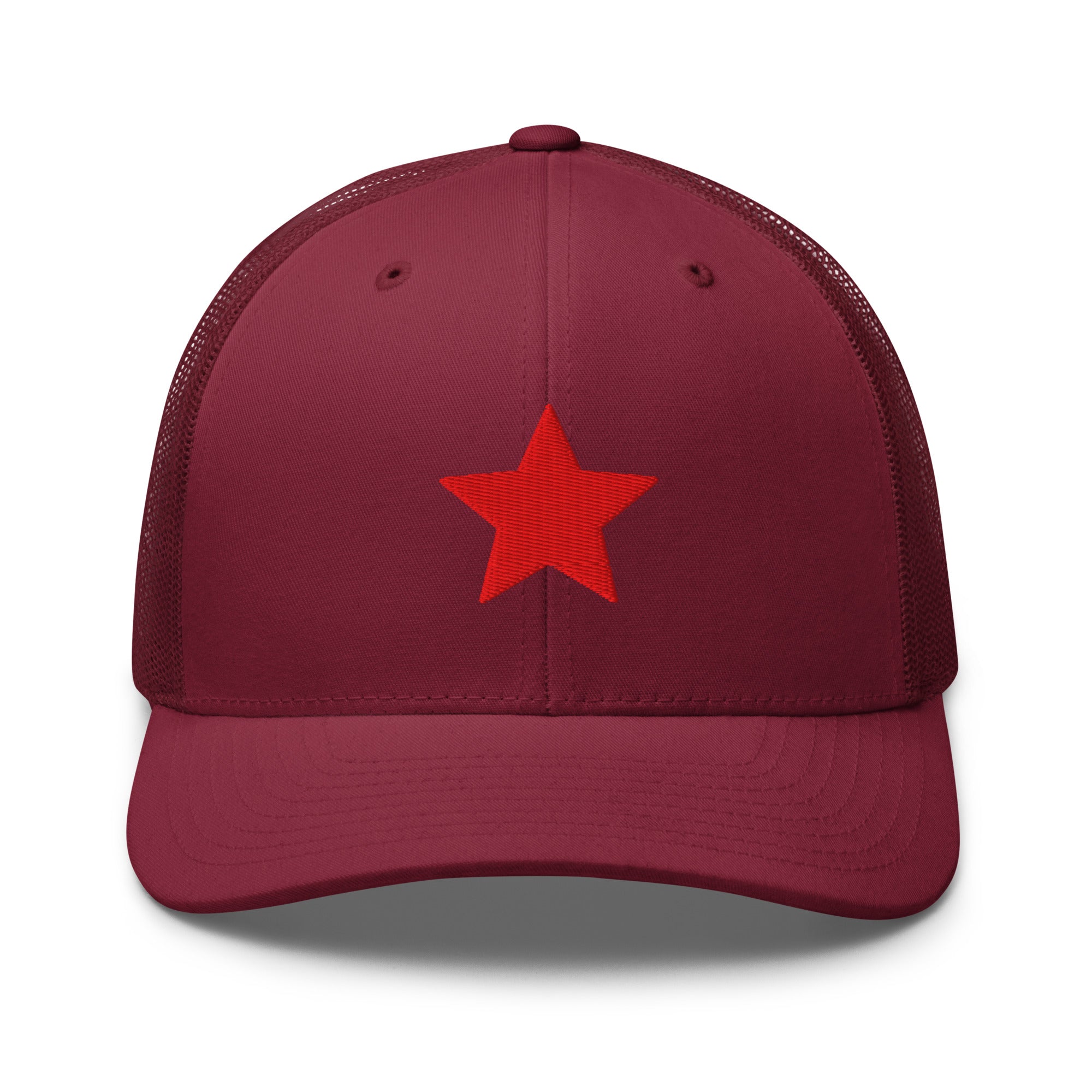 Cranberry truckers hat with an embroidered red star, structured front, mesh back, and adjustable fit by Kicks Shoelaces