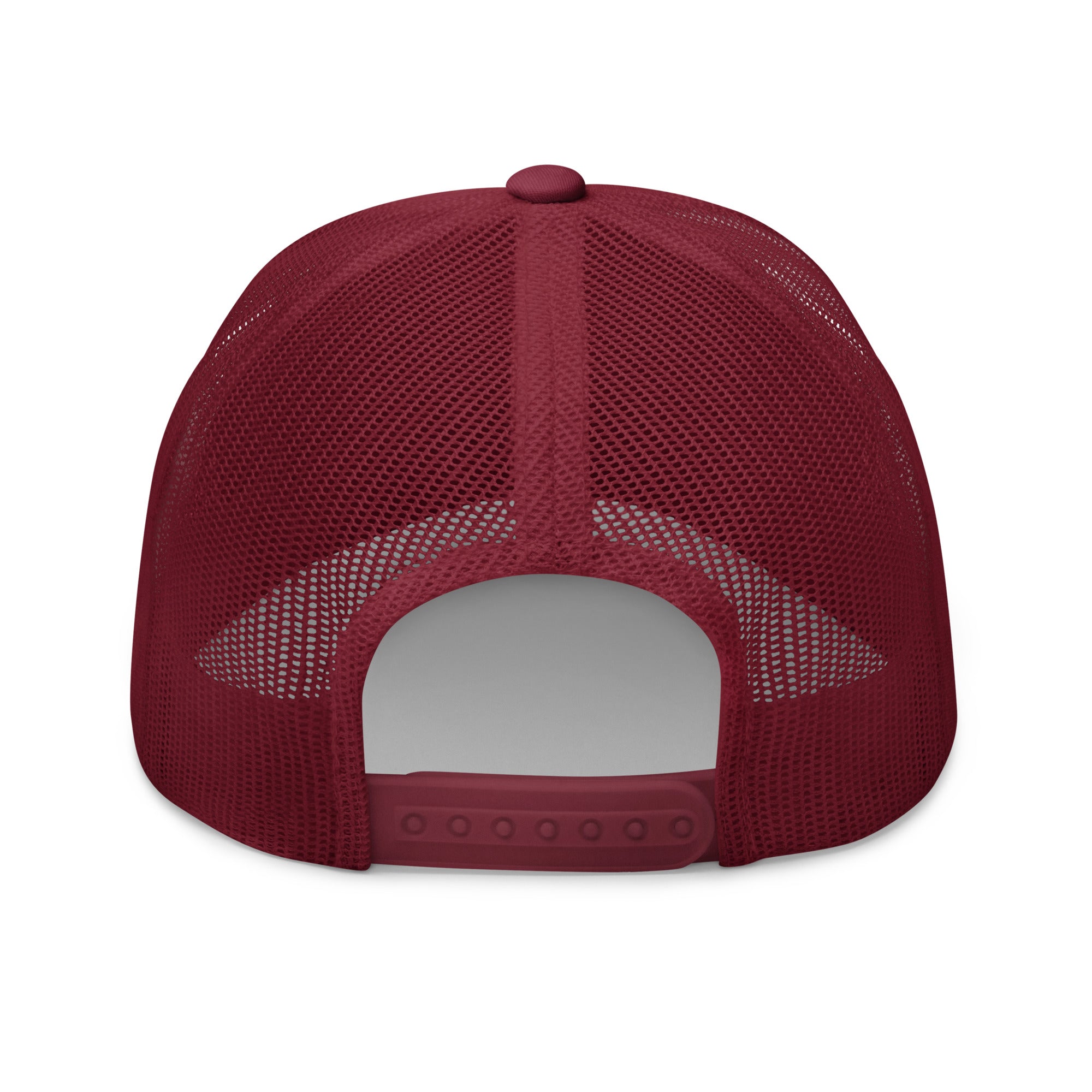 Rear view of cranberry truckers hat with adjustable snapback closure