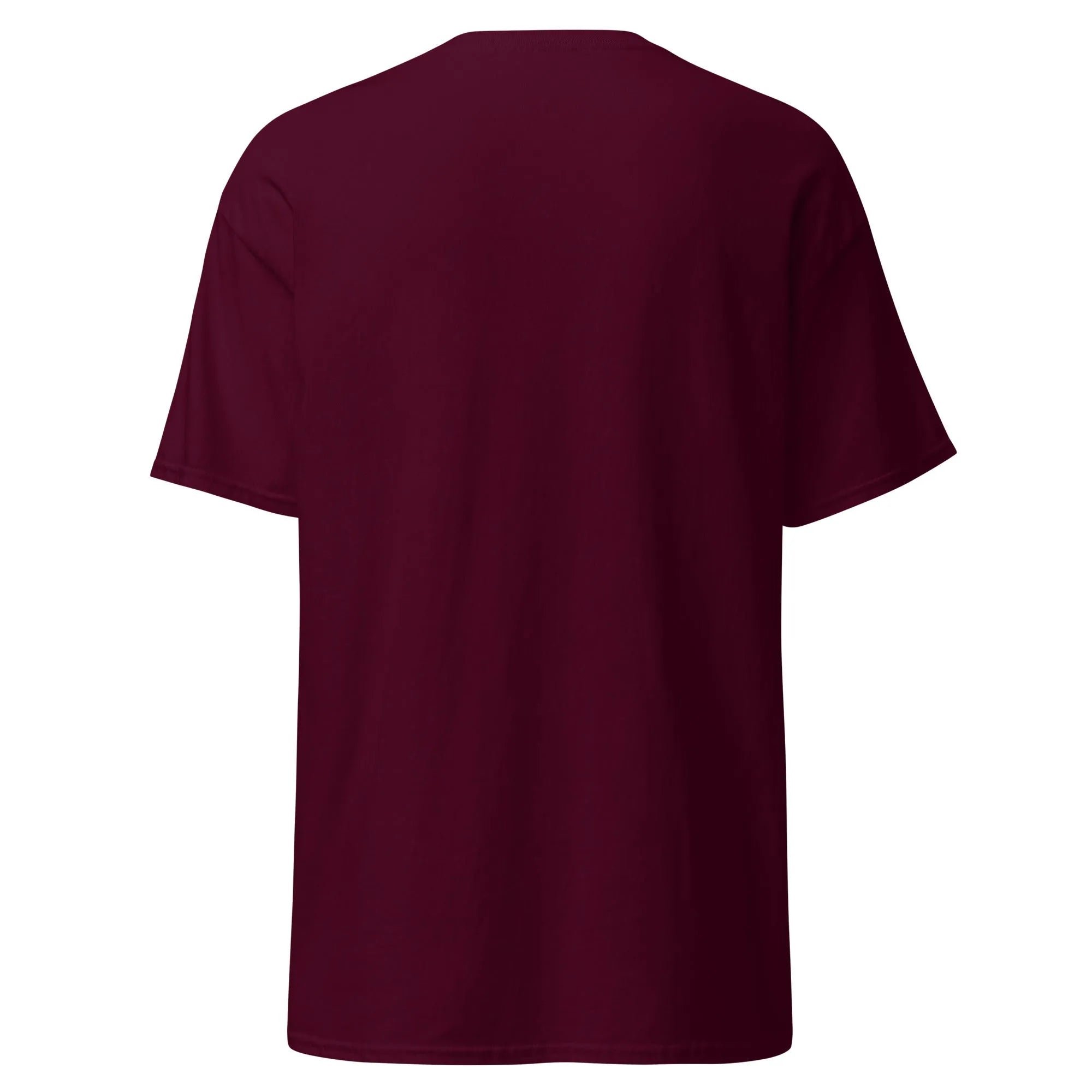 Back view of Crazy Eyes maroon Halloween T-shirt, plain design with short sleeves.