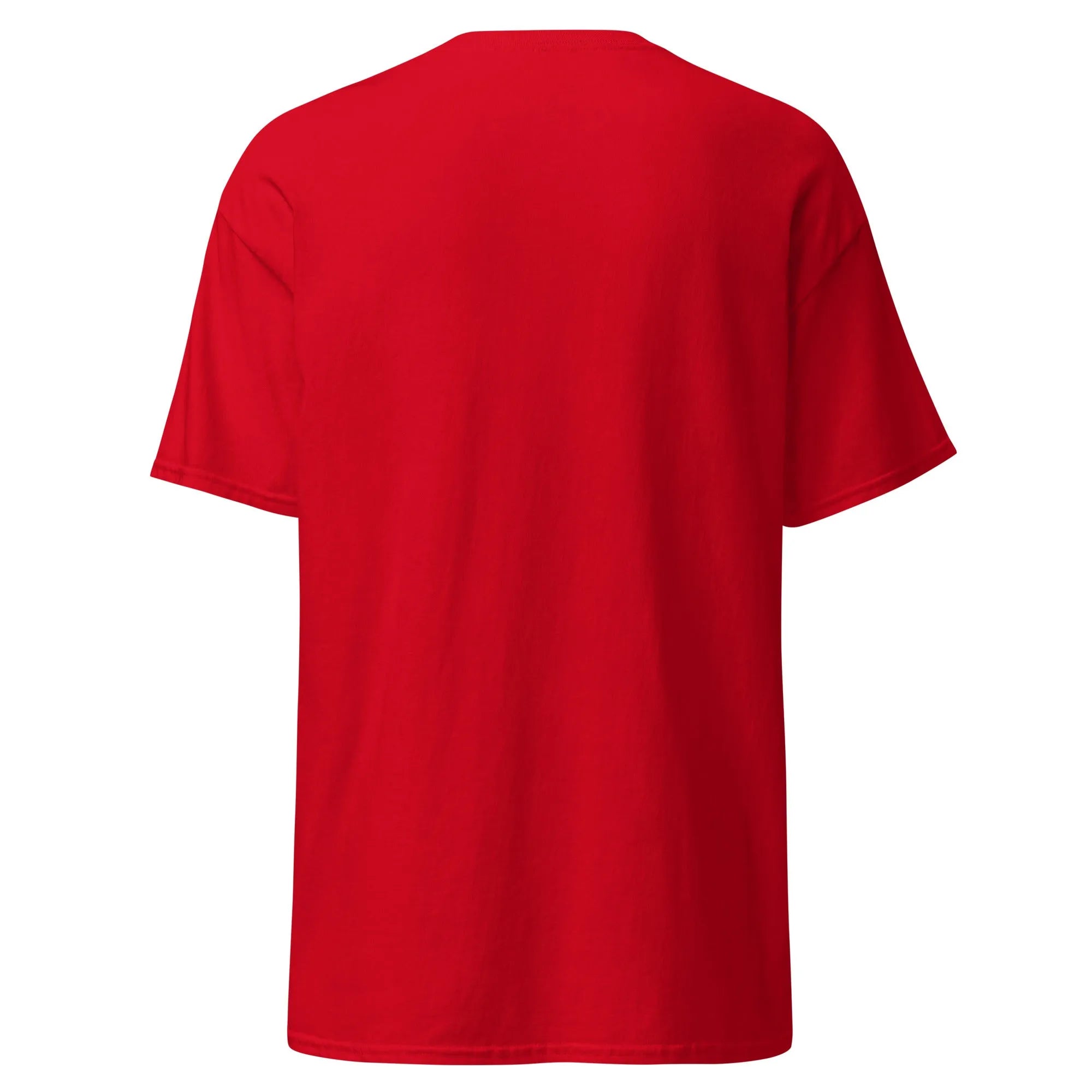 Back view of Crazy Eyes red Halloween T-shirt, plain design with short sleeves.