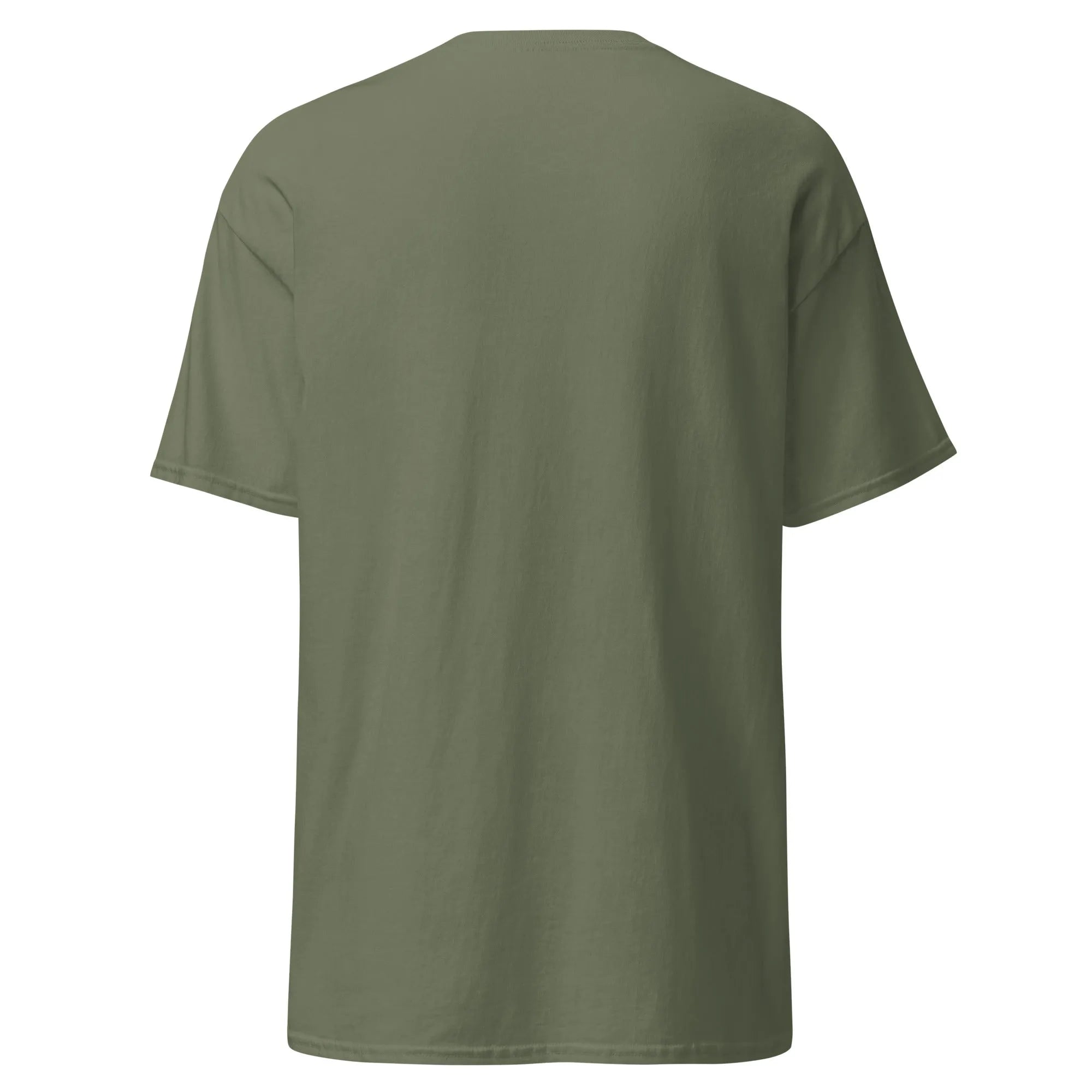 Back view of Crazy Eyes military green Halloween T-shirt, plain design with short sleeves.