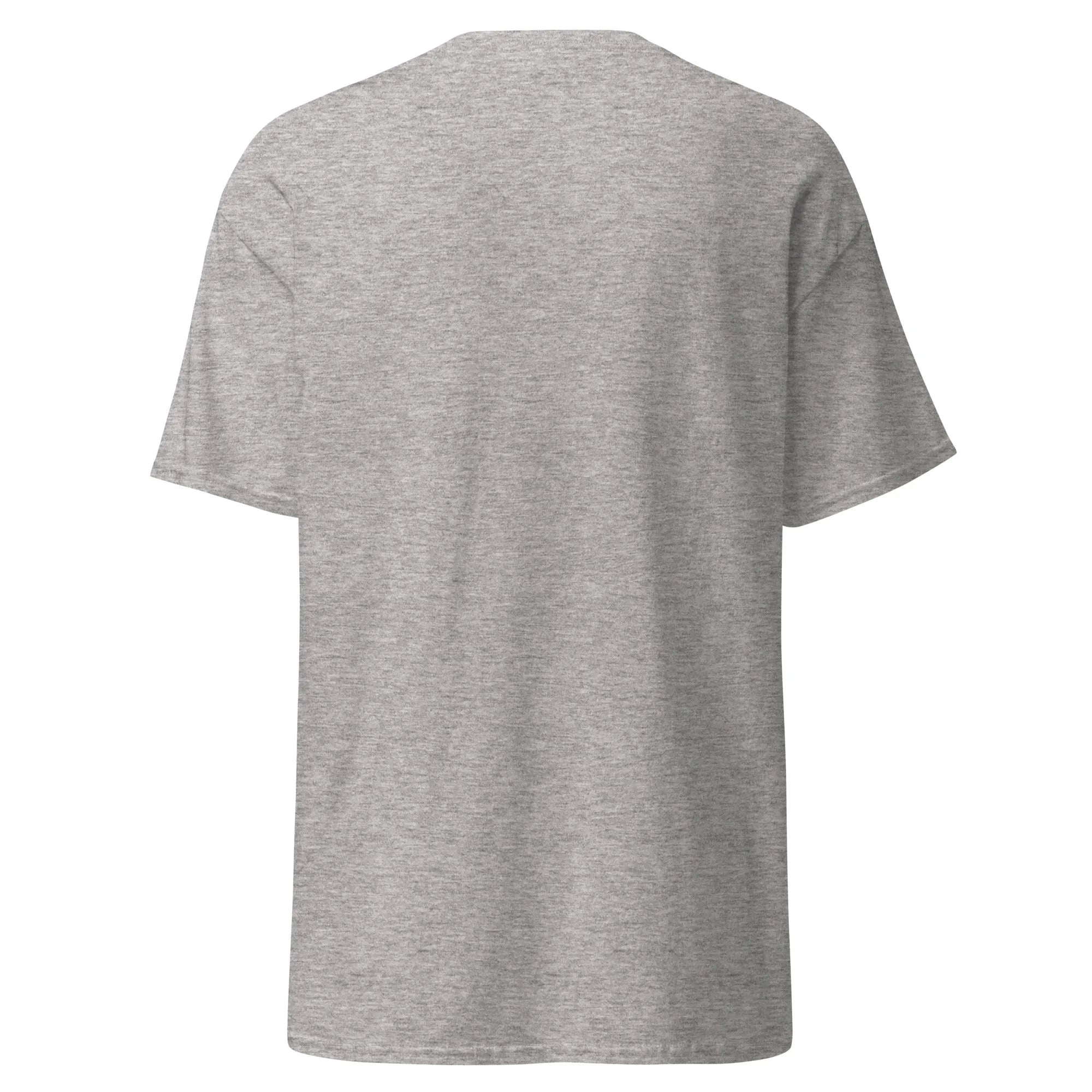 Back view of Crazy Eyes grey Halloween T-shirt, plain design with short sleeves.