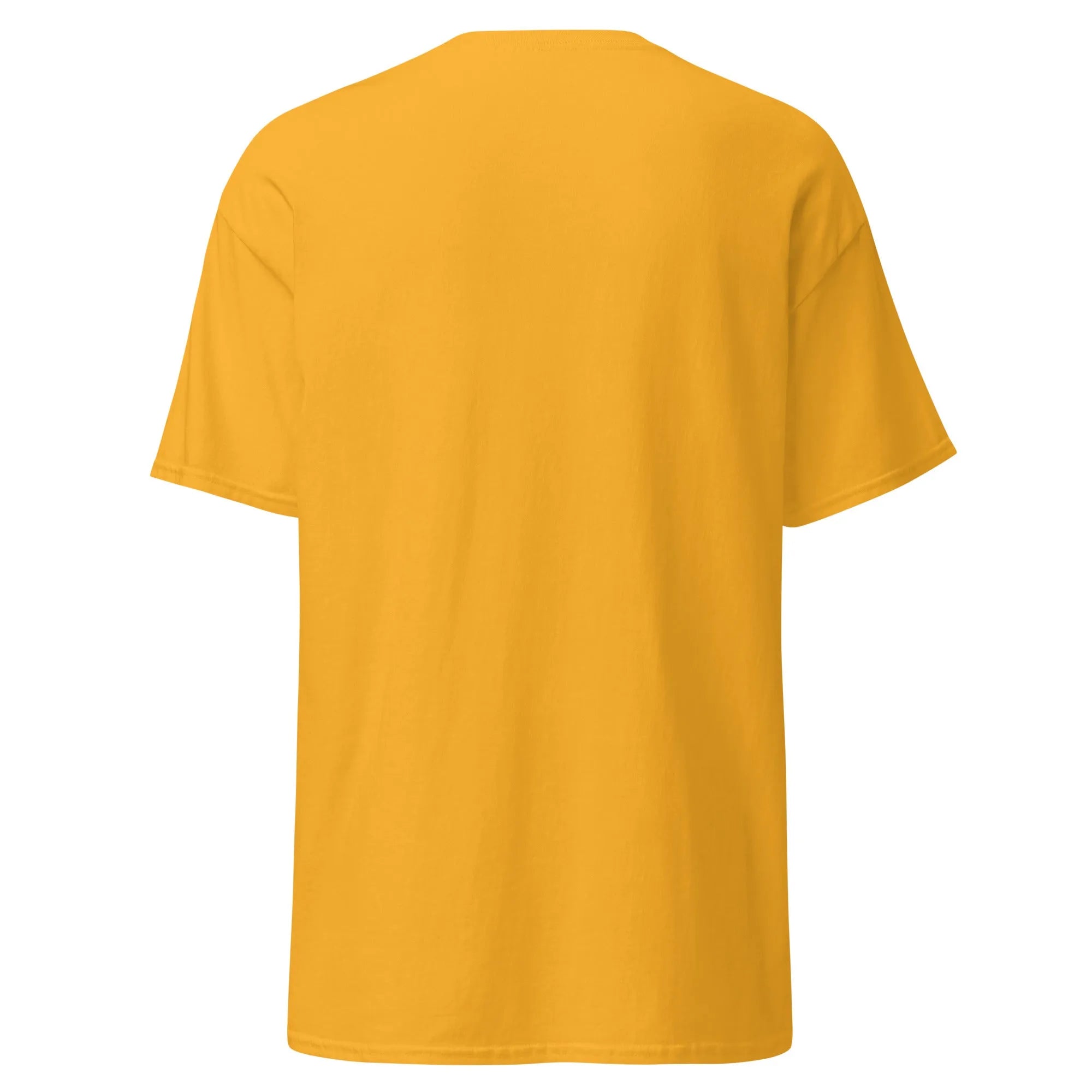 Back view of Crazy Eyes gold Halloween T-shirt, plain design with short sleeves.