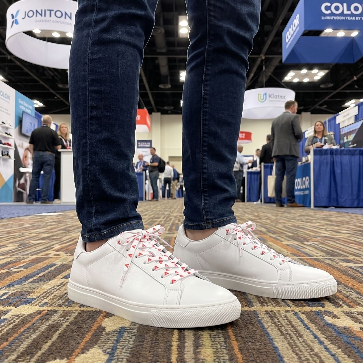 Custom logo shoelaces worn at a trade show, demonstrating branded sneaker laces for corporate events and promotional marketing.