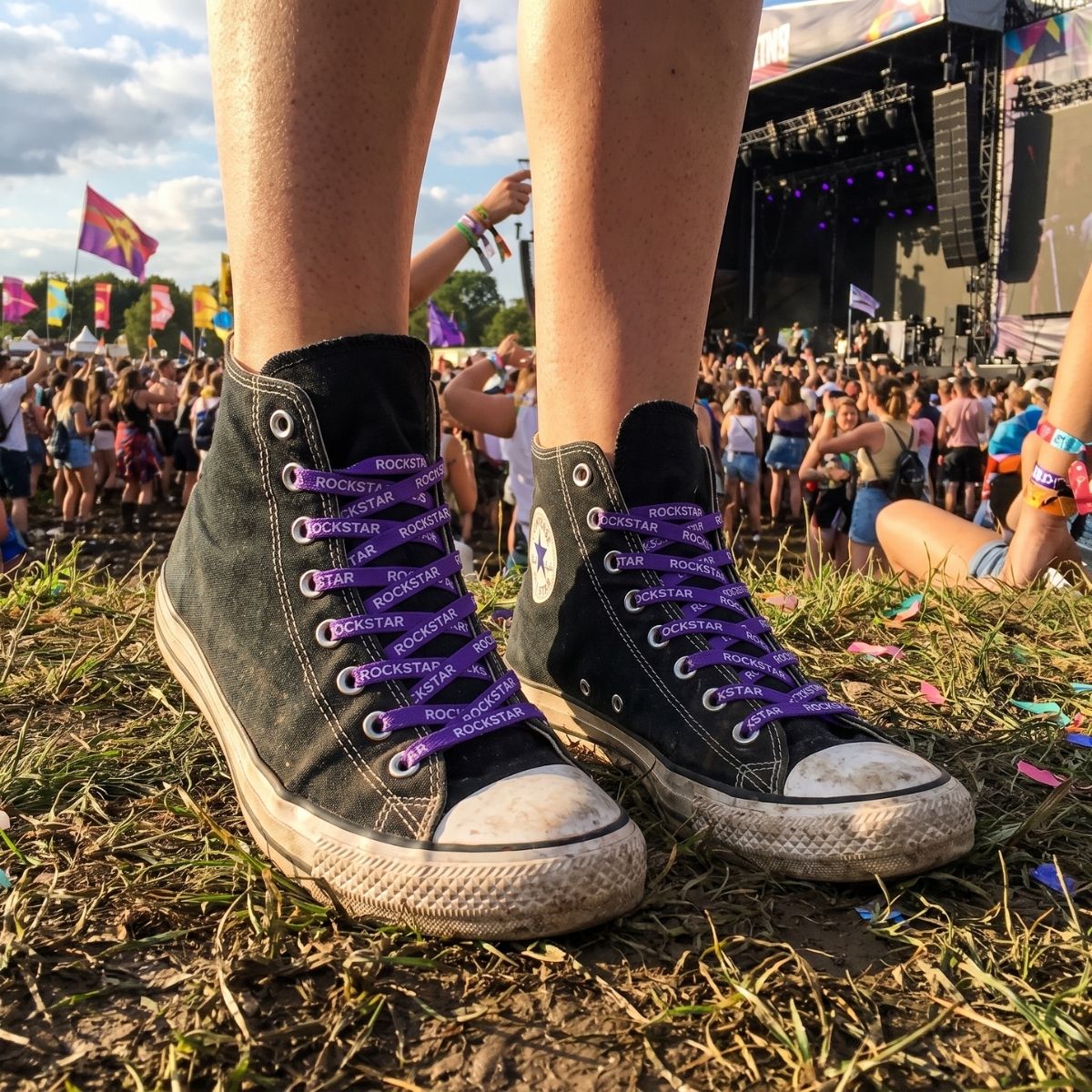 Custom Rockstar branded sneaker laces worn at a music festival, showcasing promotional shoelaces designed for events and brand activation.
