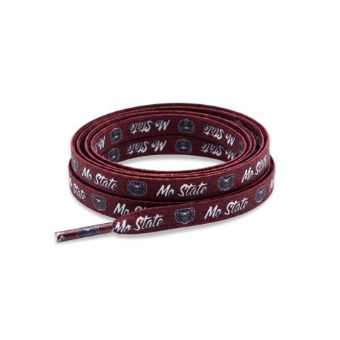 A coiled maroon athletic shoelace with a repeating pattern of 'Mo State' text and the Missouri State University logo, shown on a plain white background.
