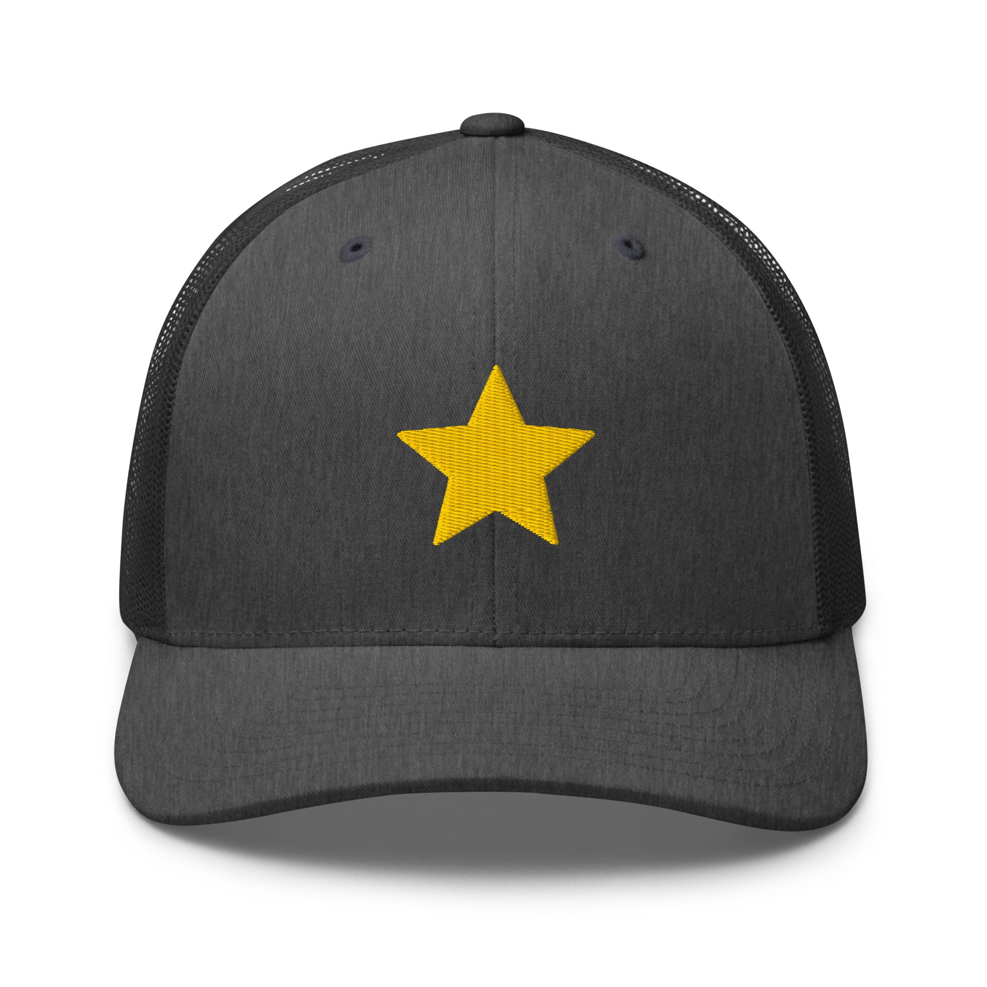 Gold Star dark grey and heather Trucker Cap with structured front, mesh back, and embroidered gold star detail by Kicks Shoelaces