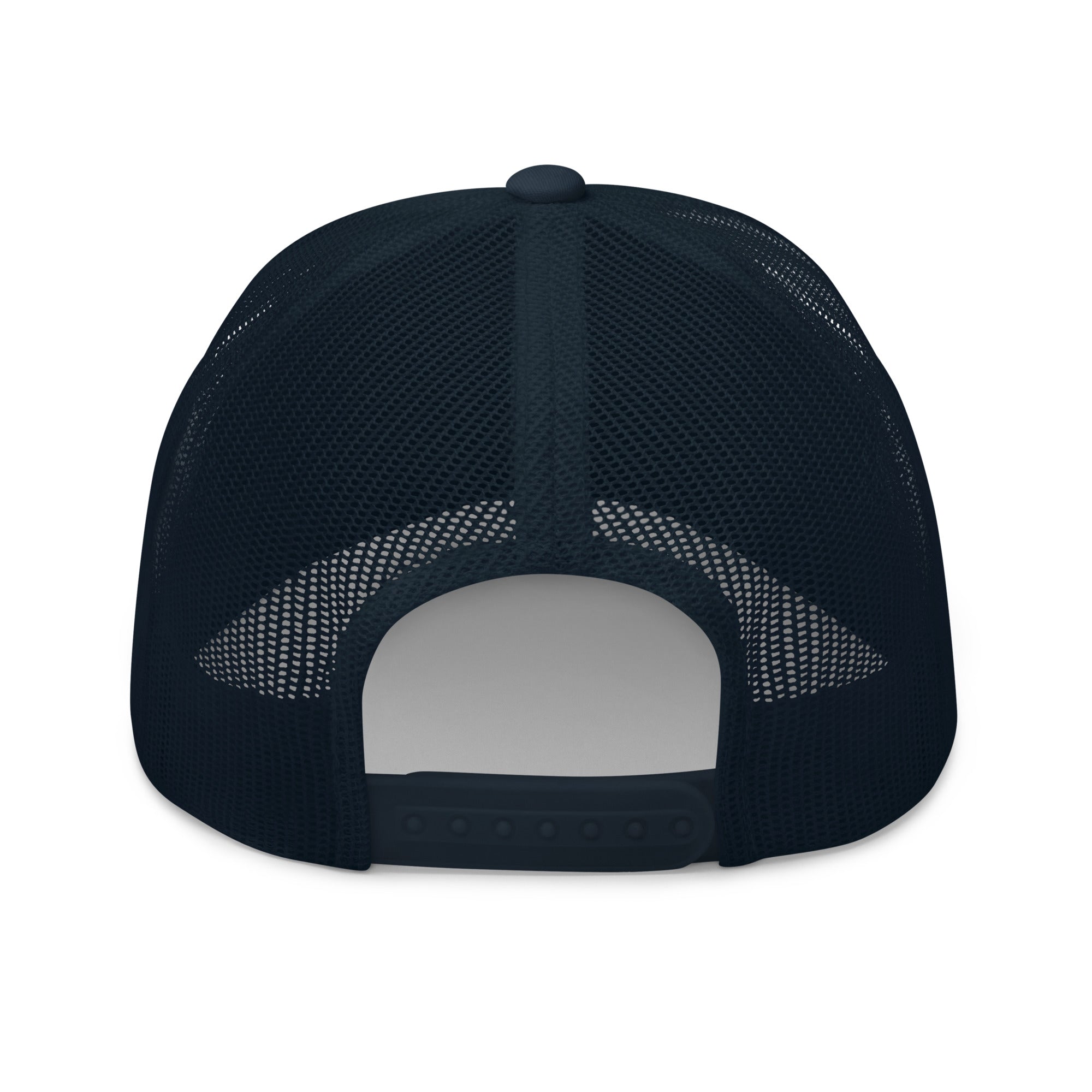 Rear view of Gold Star navy Trucker Cap with adjustable snapback closure