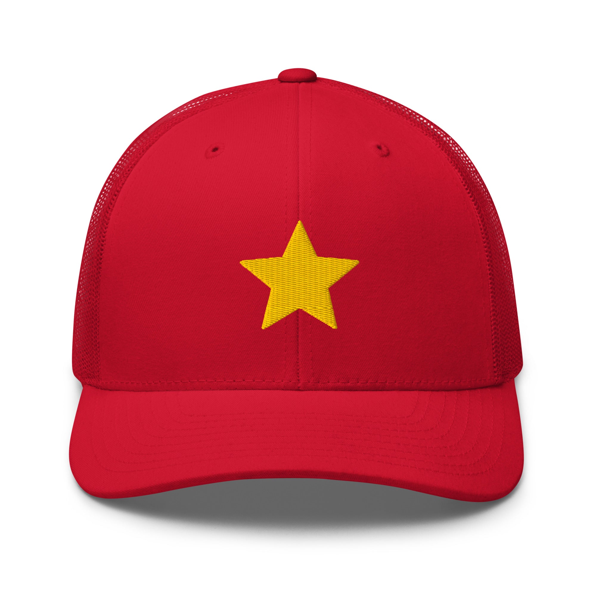 Gold Star red Trucker Cap with structured front, mesh back, and embroidered gold star detail by Kicks Shoelaces