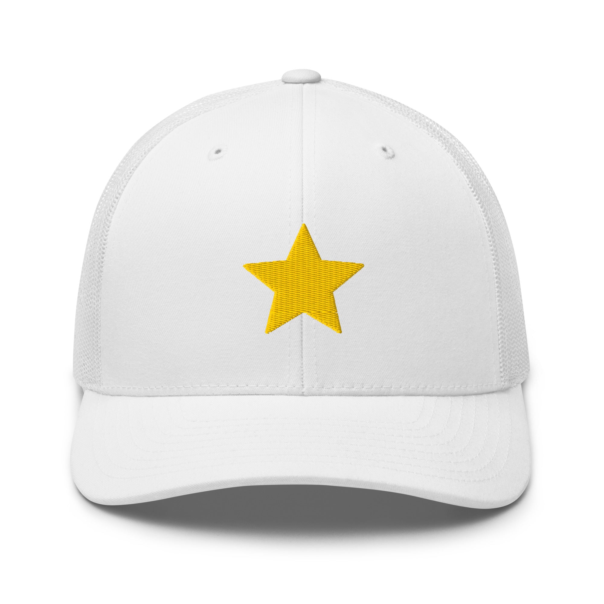 Gold Star white Trucker Cap with structured front, mesh back, and embroidered gold star detail by Kicks Shoelaces