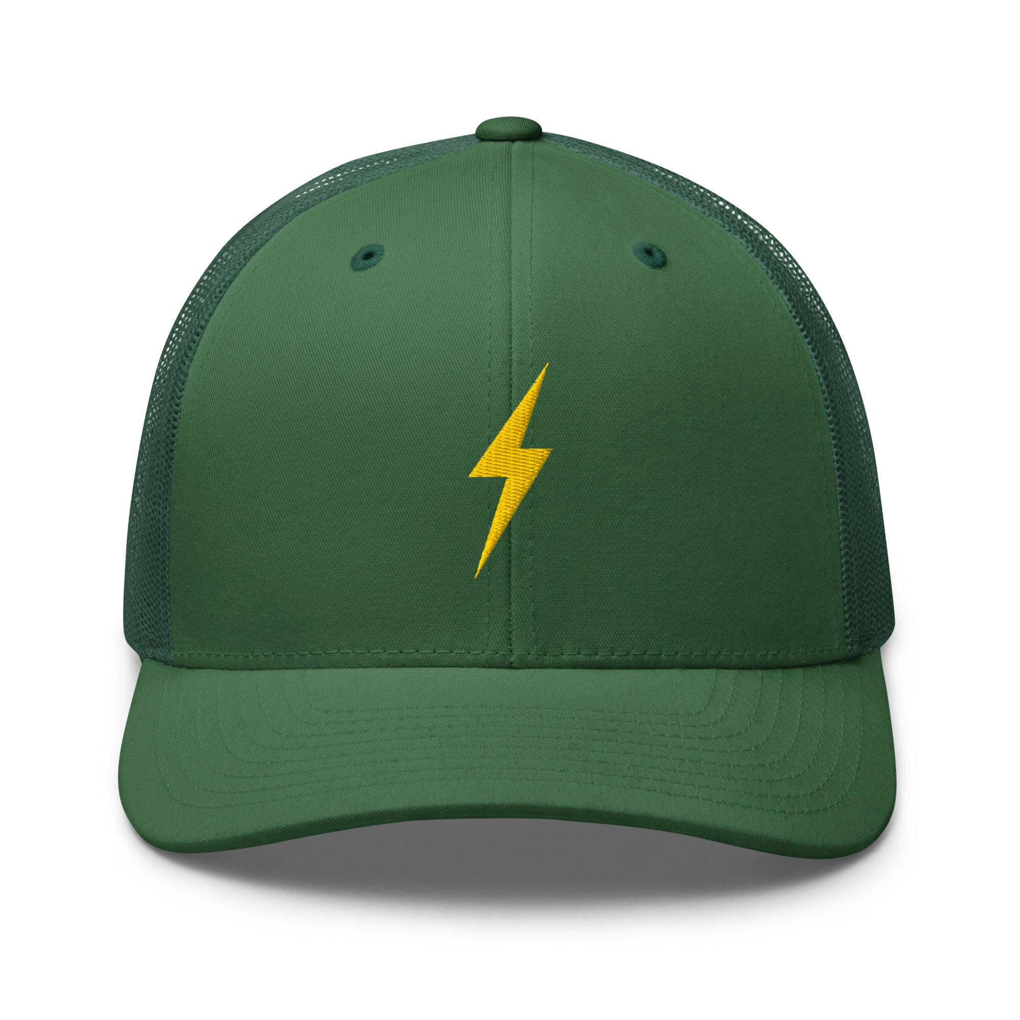 Green trucker hat with a yellow lightning bolt design on front panel