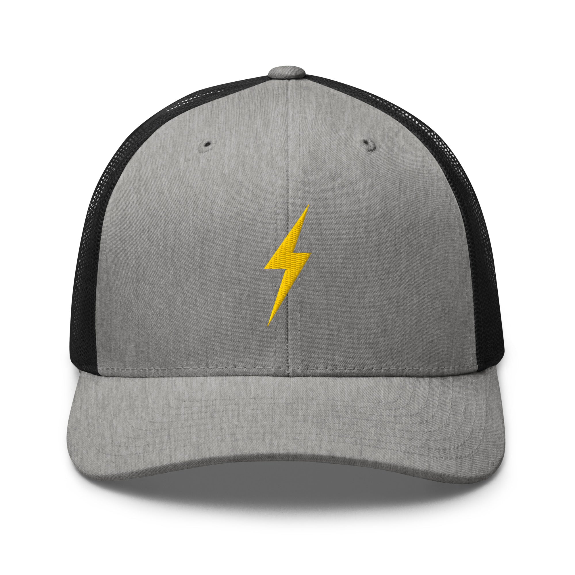 Grey and black trucker hat with a yellow lightning bolt design on front panel