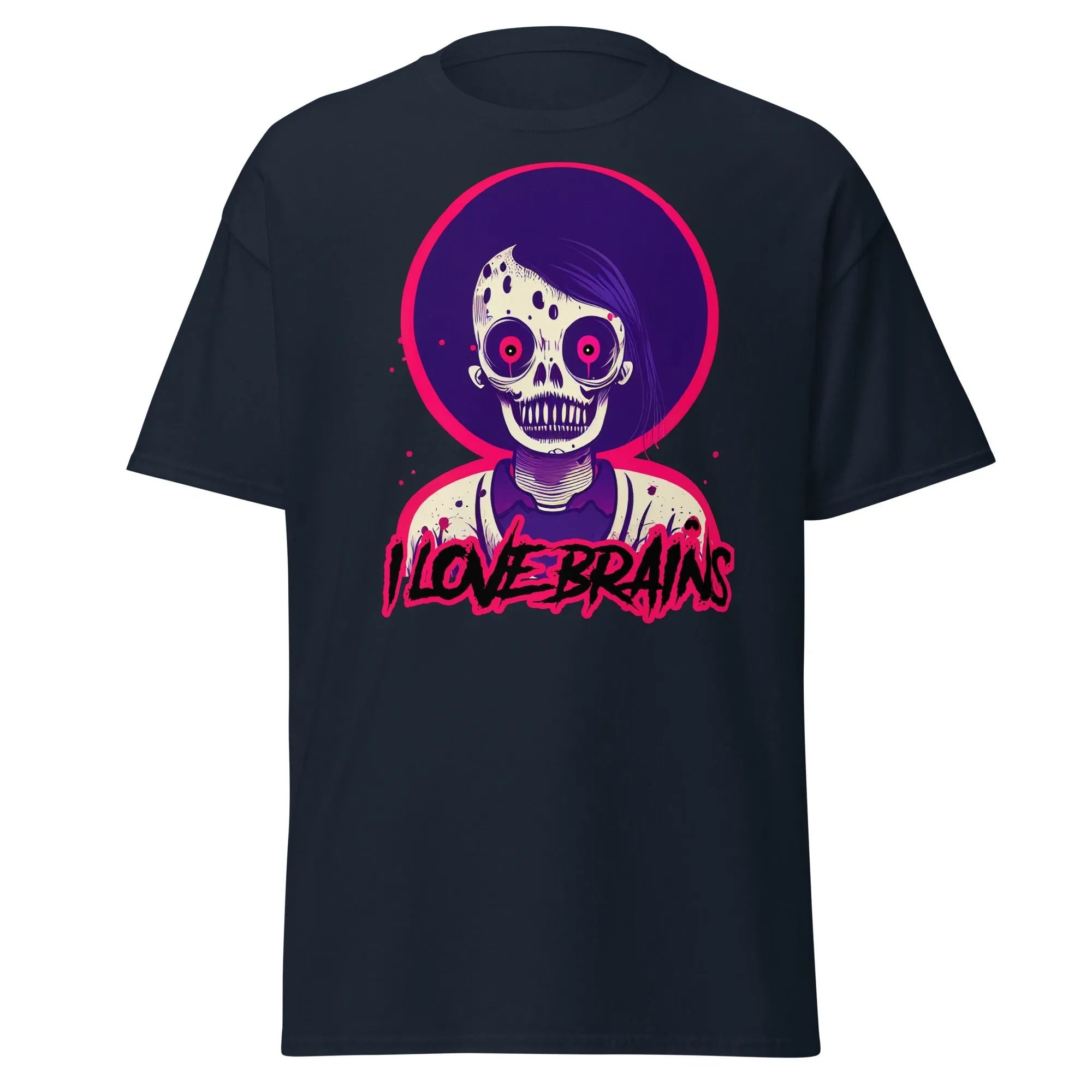 I Love Brains navy blue Halloween T-shirt features a cartoon zombie with I LOVE BRAINS in stylized letters below the image.