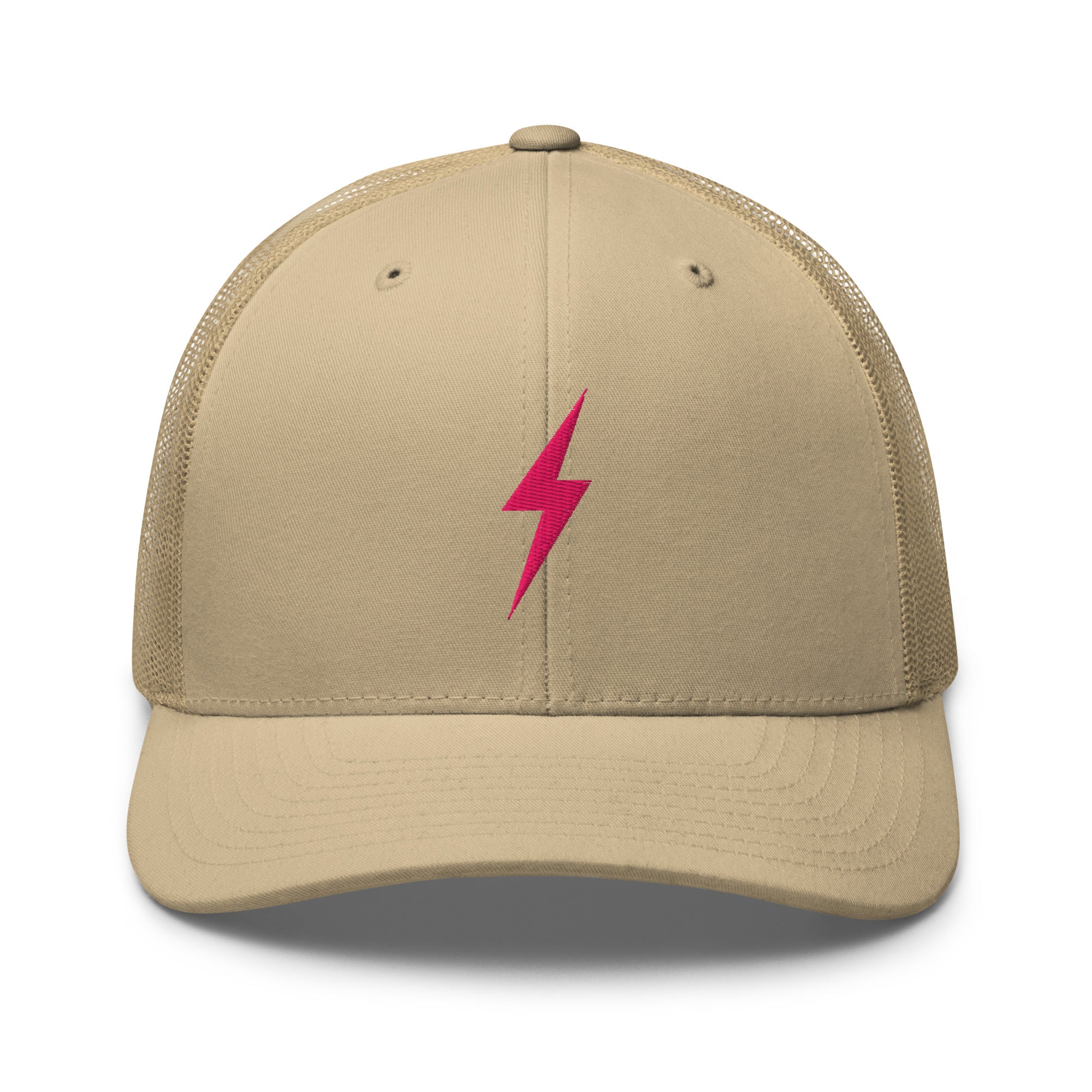 Khaki trucker hat with pink lightning bolt design on front panel