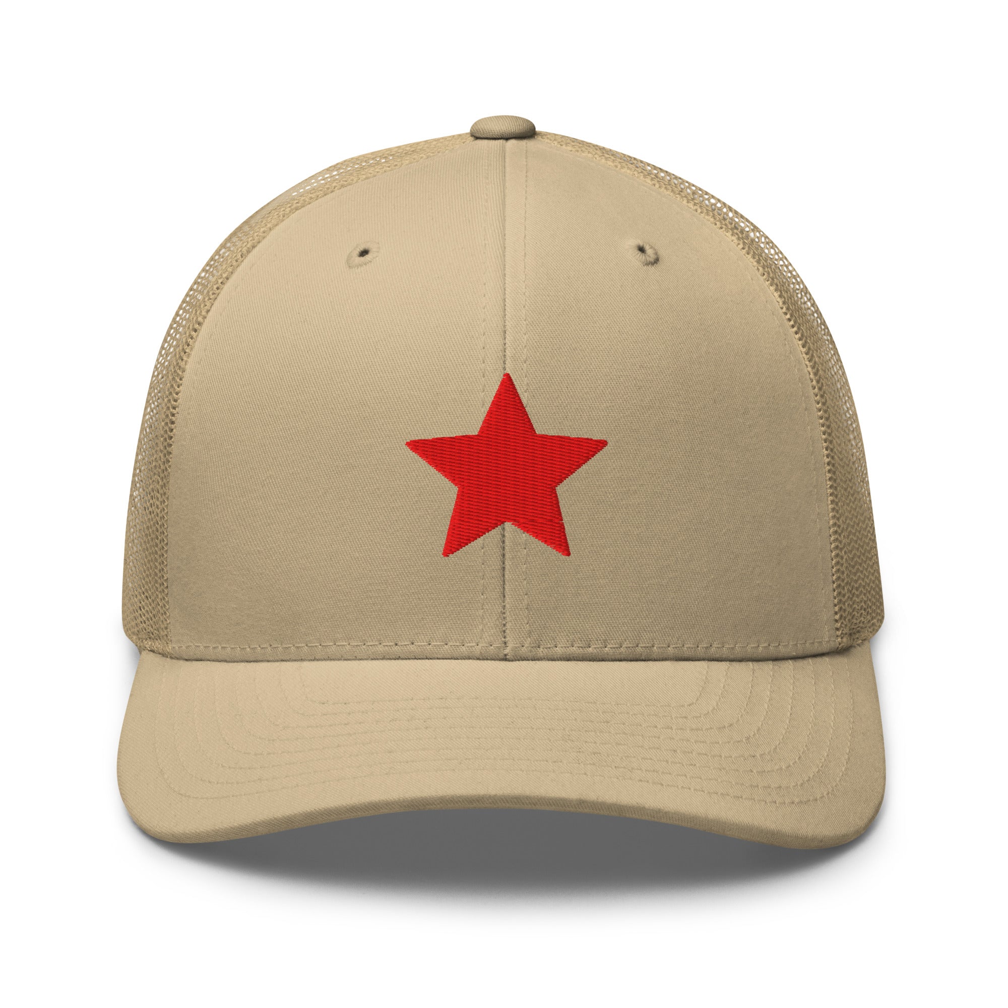 Khaki truckers hat with an embroidered red star, structured front, mesh back, and adjustable fit by Kicks Shoelaces