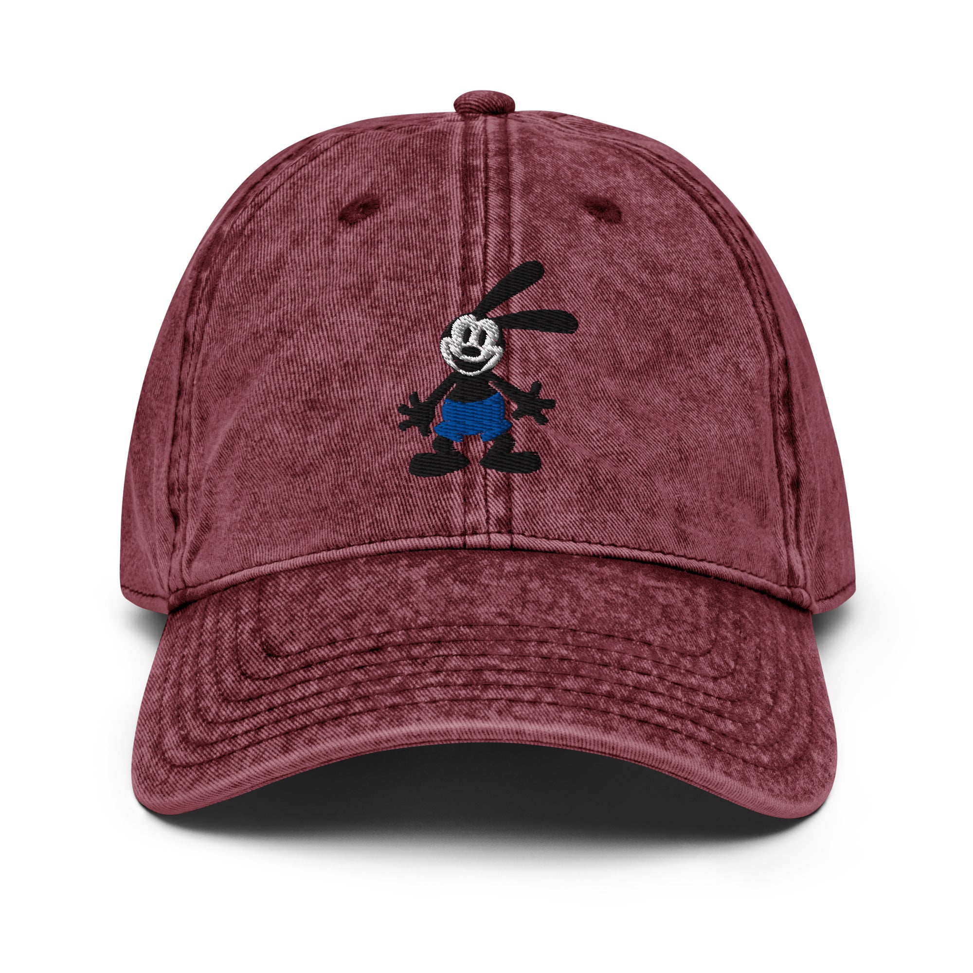 Marron vintage cap featuring a 1928 Oswald design from Disney’s early animation era on a washed-out hat