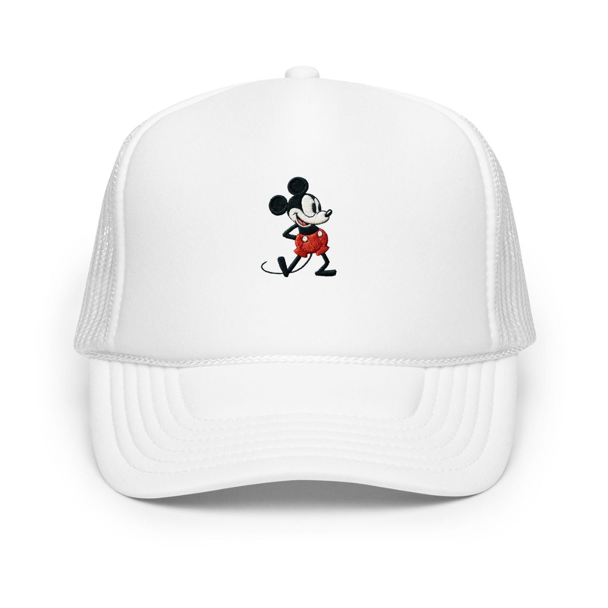 White foam trucker hat with a 1928 Mickey Mouse cartoon character embroidered on it.