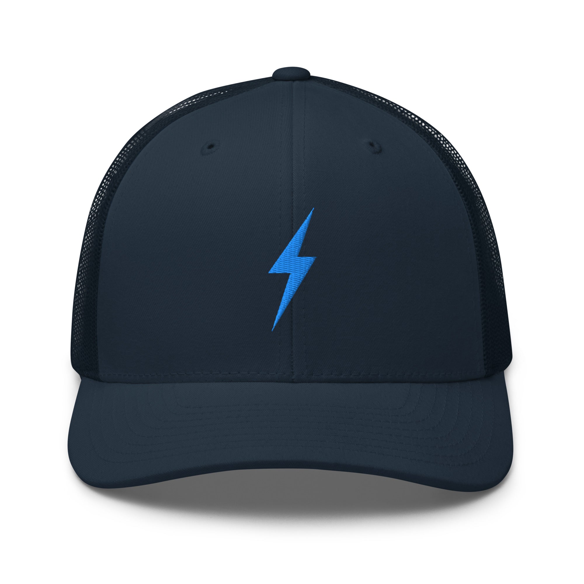 Navy blue trucker hat with an embroidered sky blue lightning bolt design on the front panel