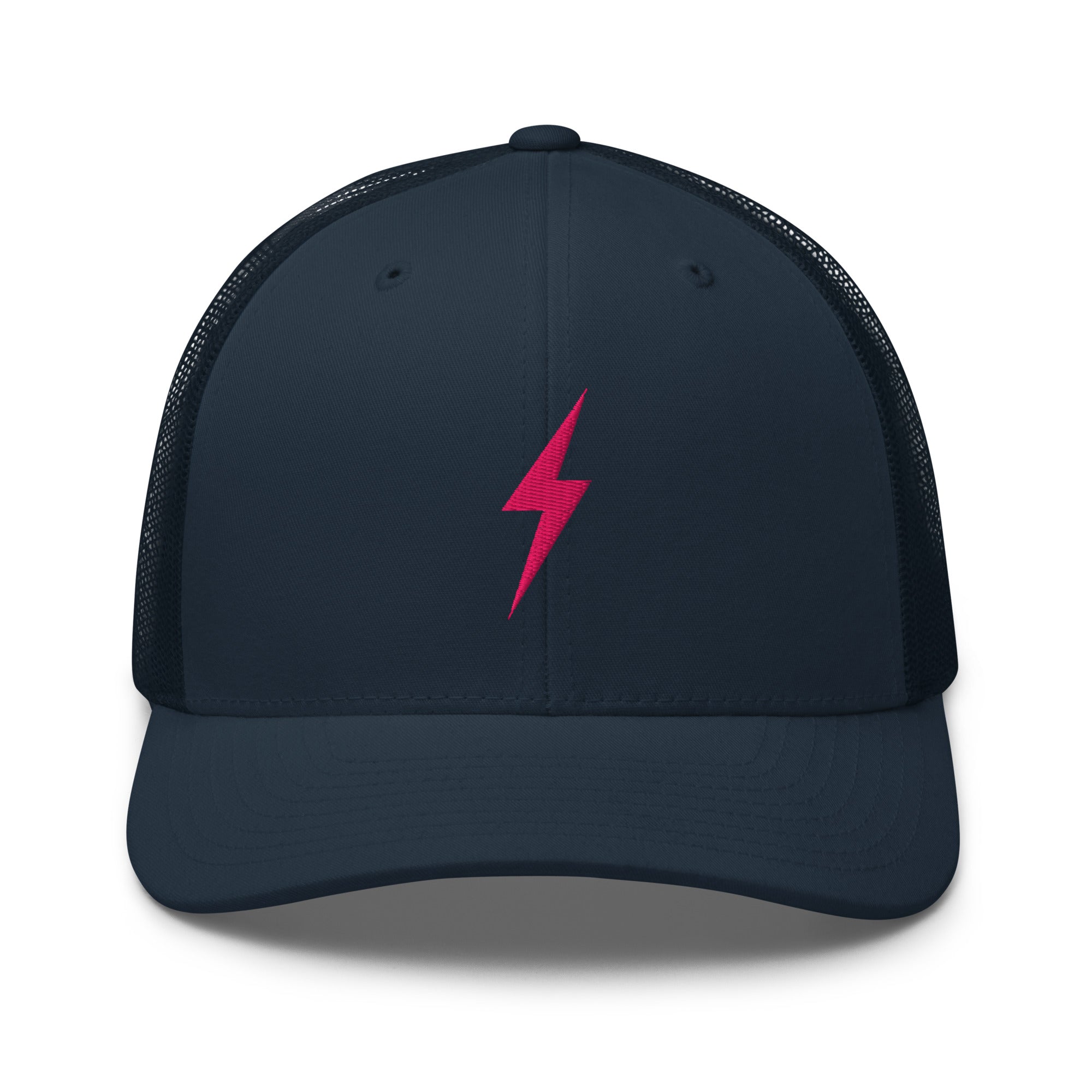 Navy blue trucker hat with pink lightning bolt design on front panel