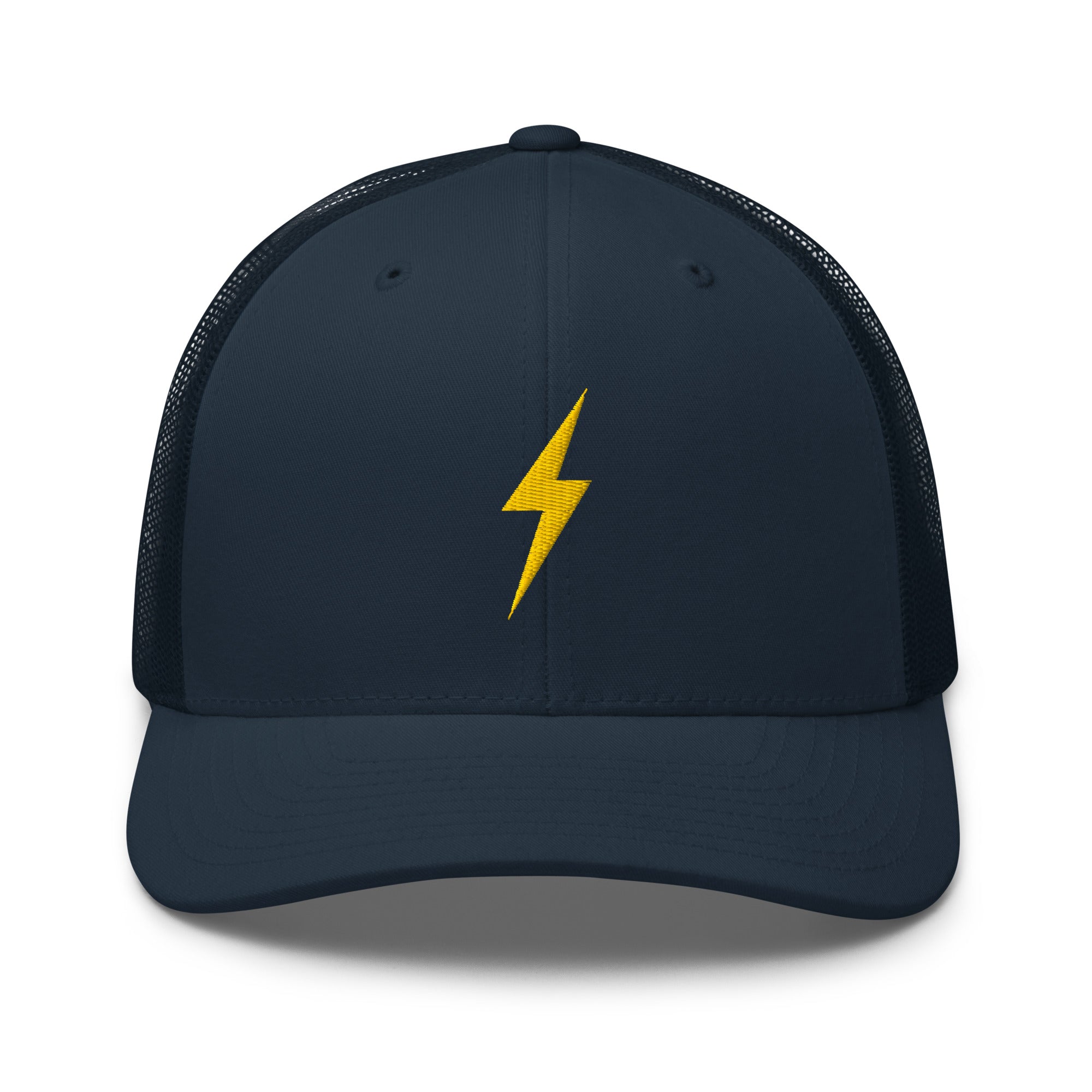 Navy blue trucker hat with a yellow lightning bolt design on front panel