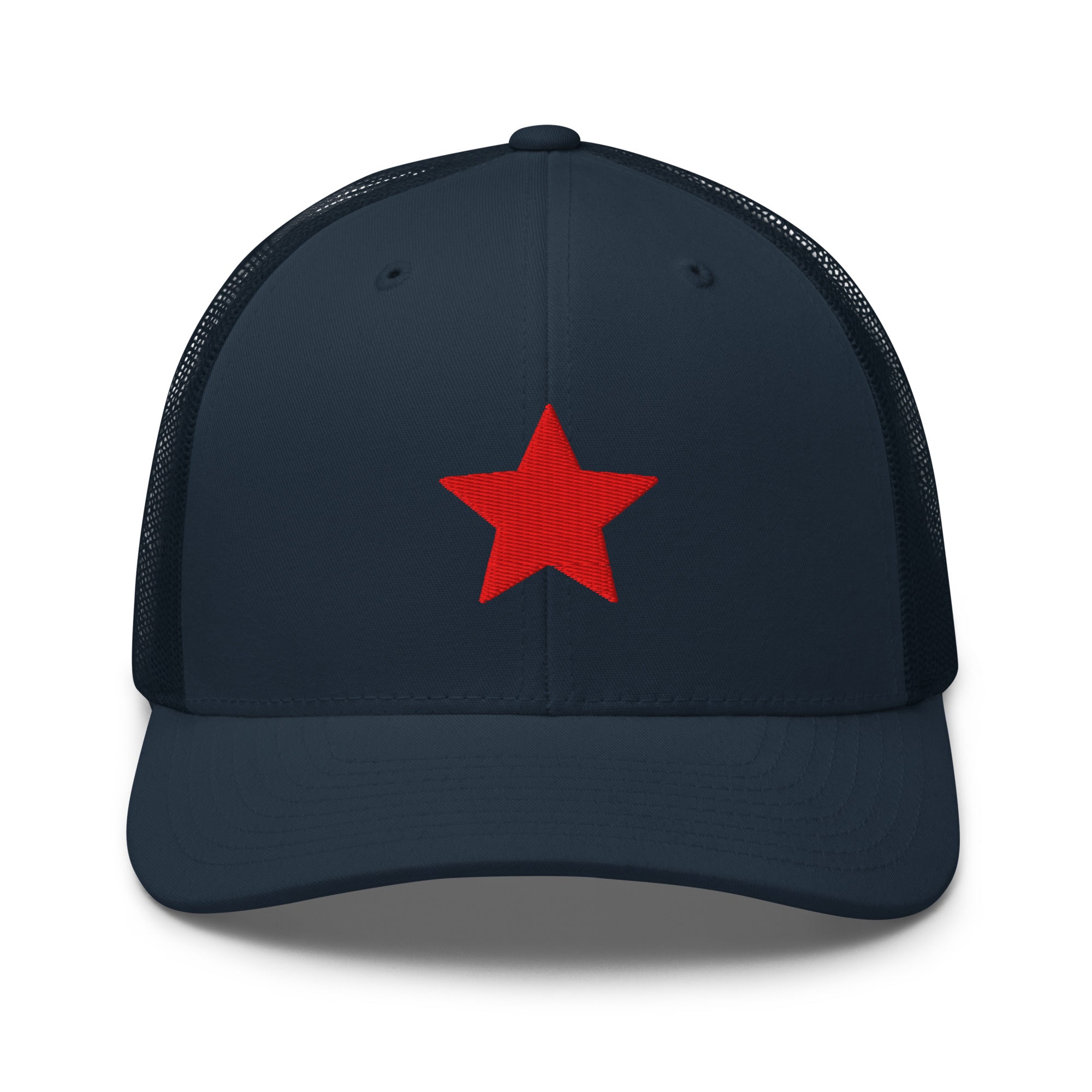 Navy truckers hat with an embroidered red star, structured front, mesh back, and adjustable fit by Kicks Shoelaces