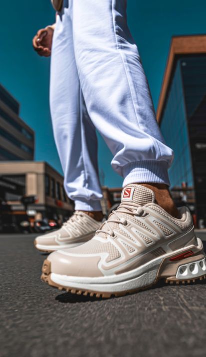 Beige salmon sneakers worn with white pants, on a man wearing no-tie shoelaces.