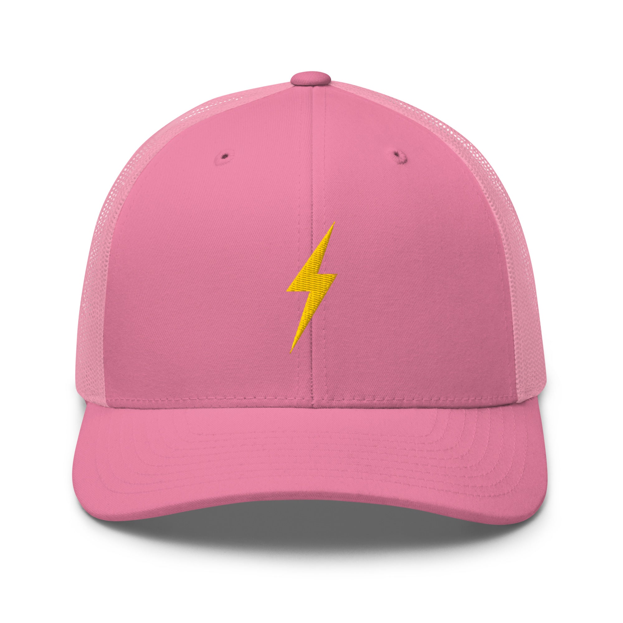Pink trucker hat with a yellow lightning bolt design on front panel