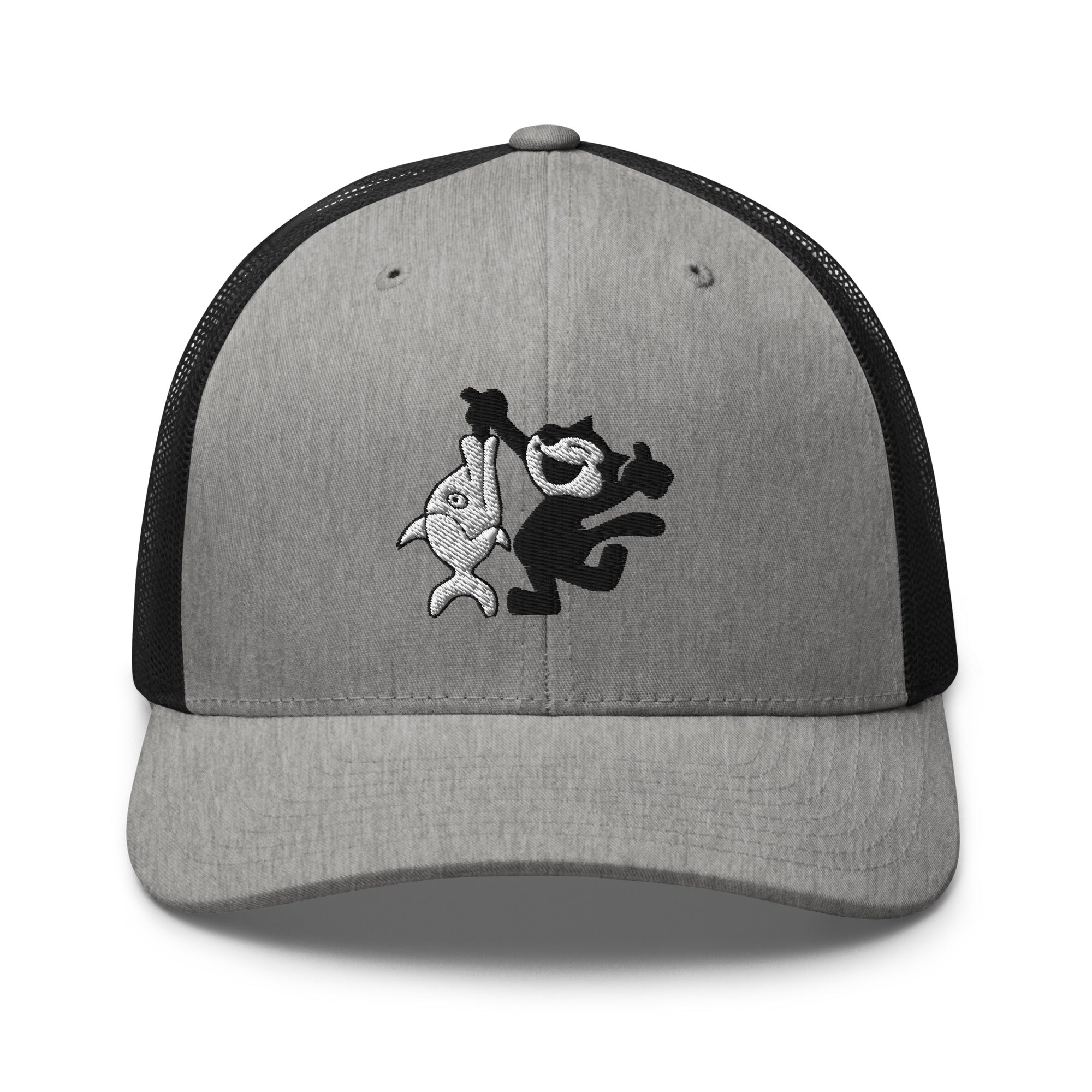 Heather black trucker hat featuring a 1920 Felix the Cat design with a fish from Disney’s early animation era