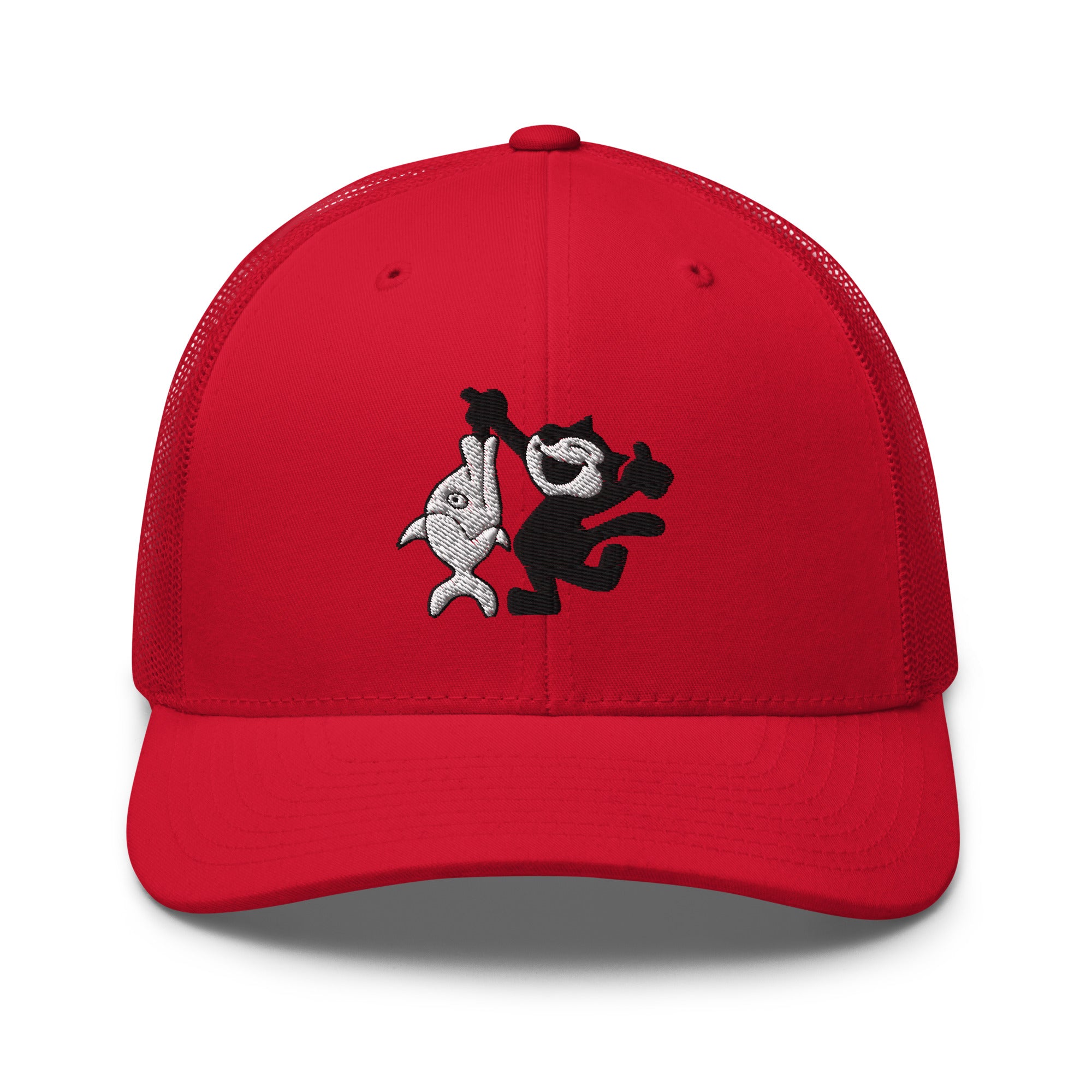 Red trucker hat featuring a 1920 Felix the Cat design with a fish from Disney’s early animation era