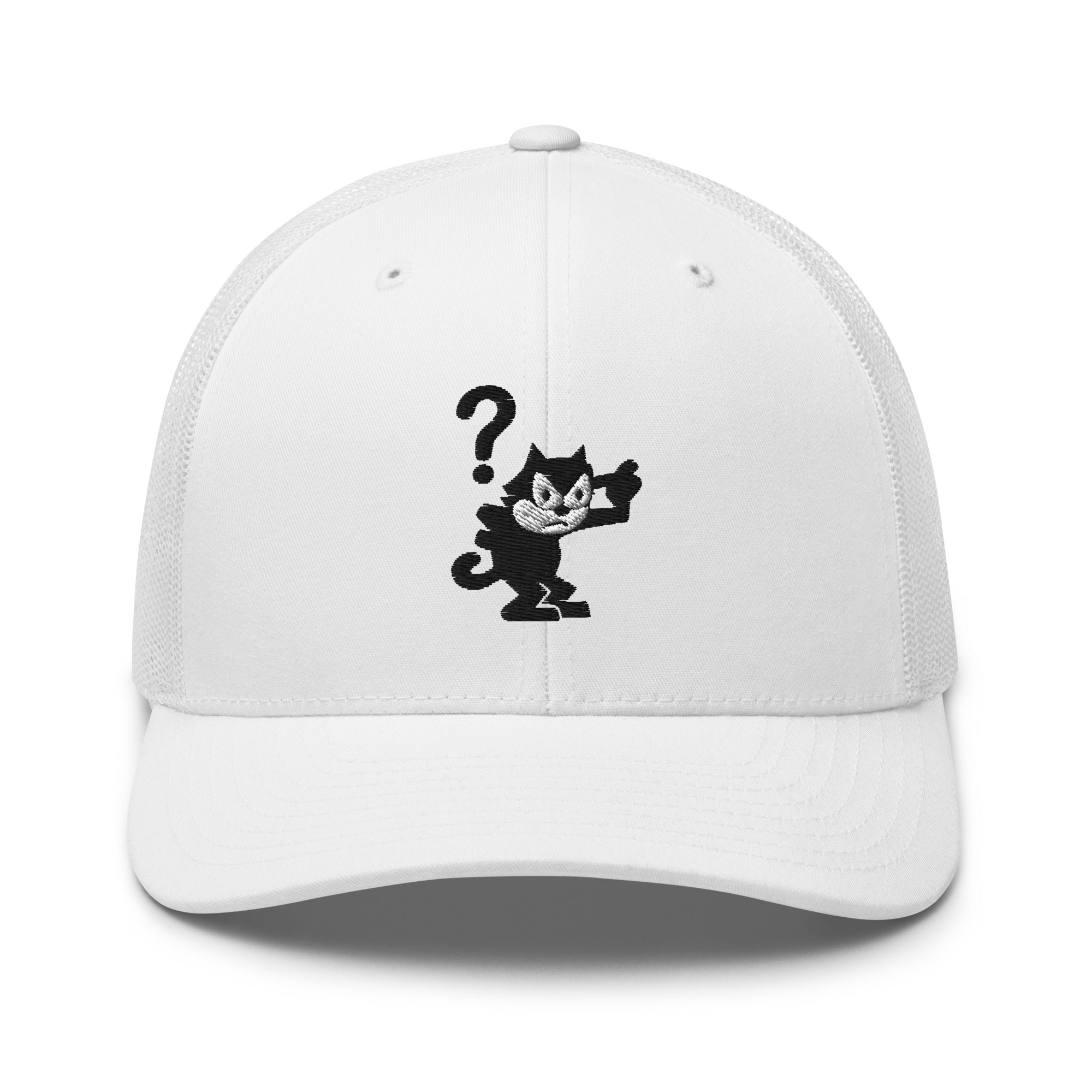 White trucker hat featuring a 1920 Felix the Cat design from Disney’s early animation era