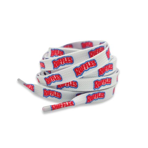 White custom shoelaces with Ruffles logo on by Kicks Shoelaces