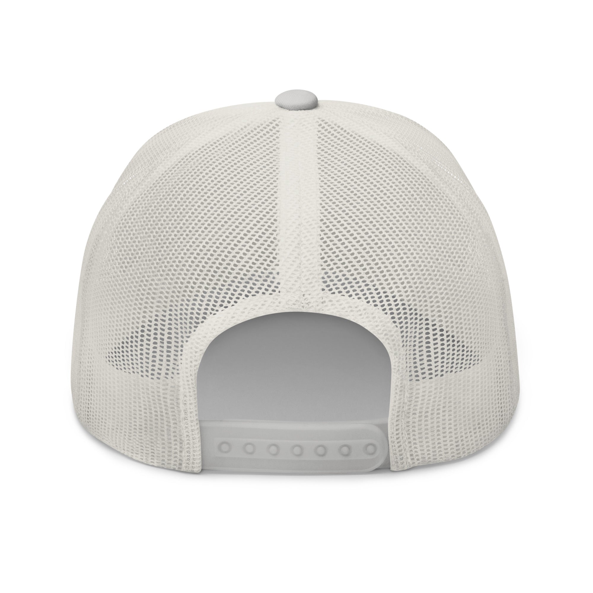 Rear view of silver truckers cap with black star, adjustable snapback closure