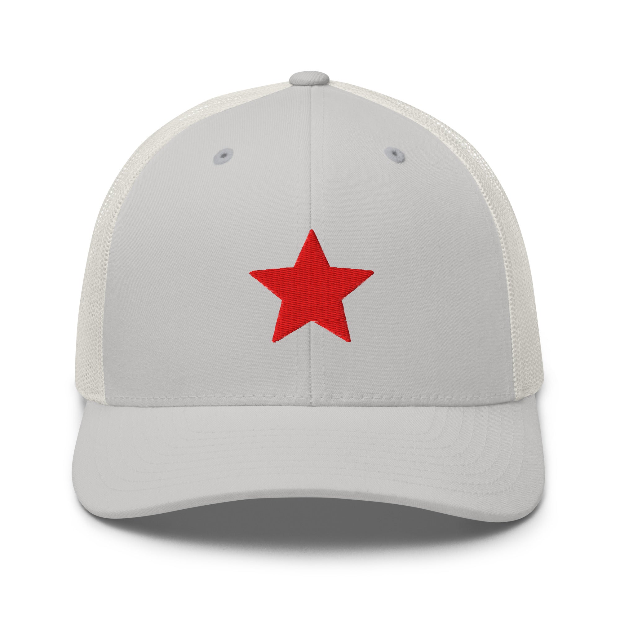 Silver truckers hat with an embroidered red star, structured front, mesh back, and adjustable fit by Kicks Shoelaces