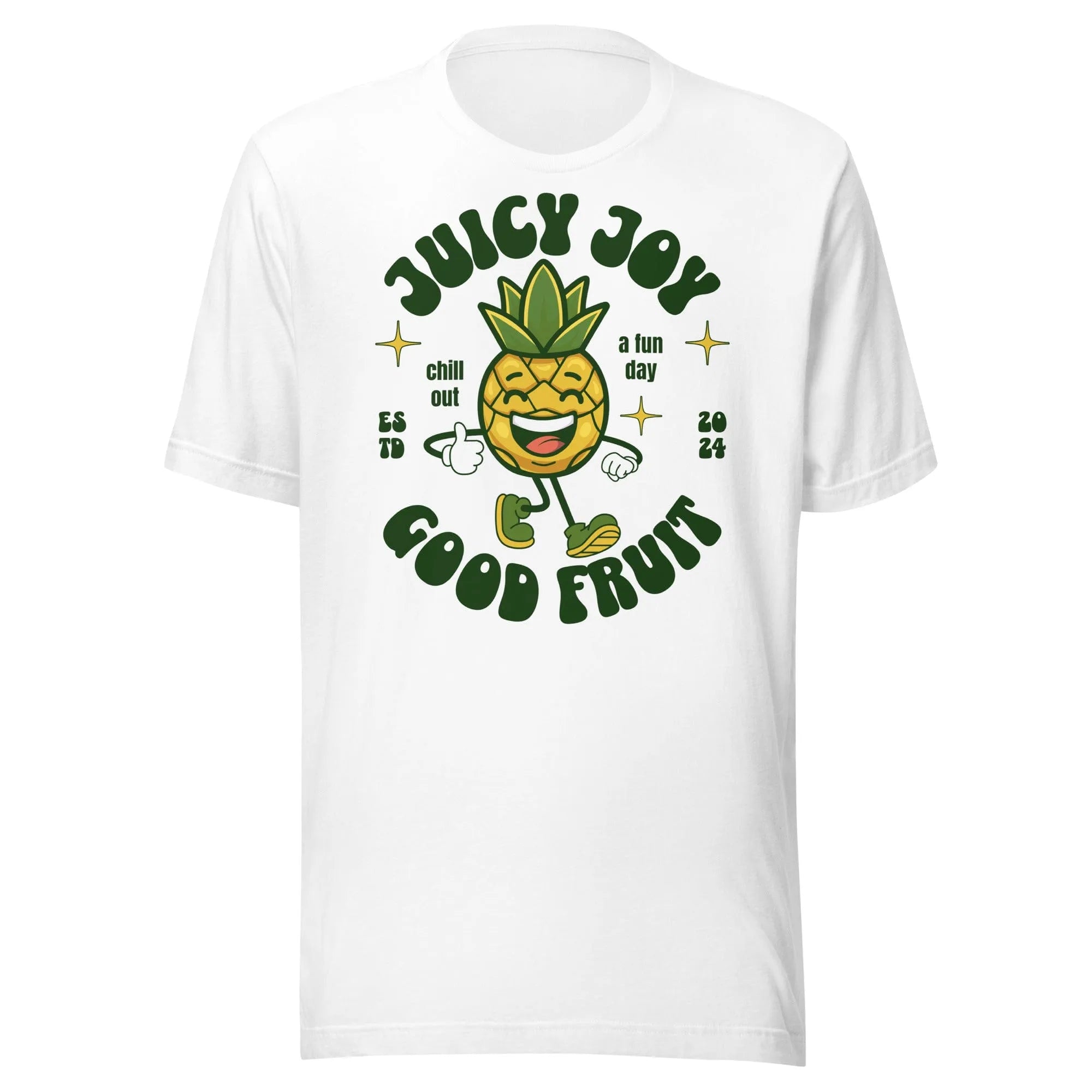 White graphic tee by Kicks Shoelaces with cartoon pineapple and Juicy Joy lettering