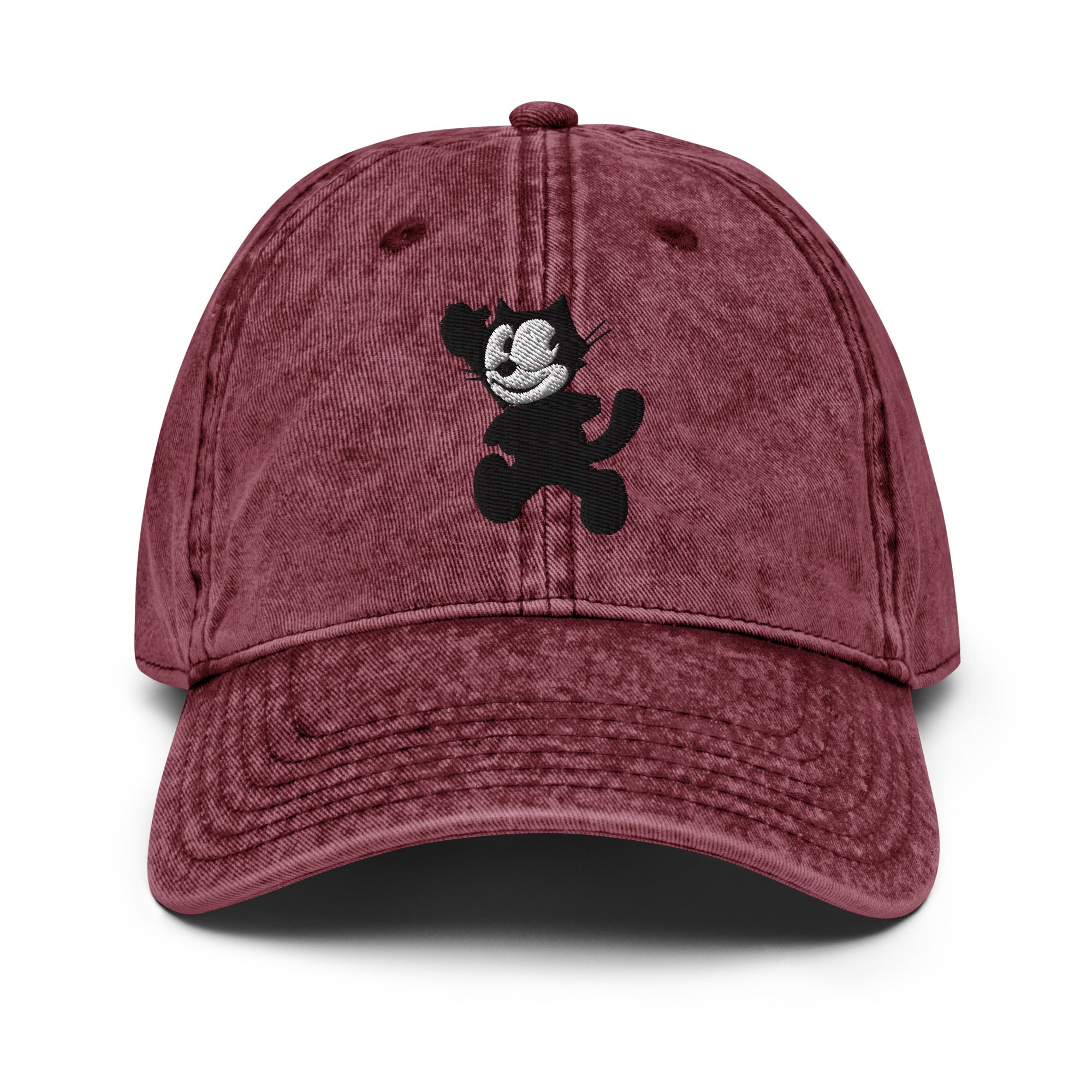 Maroon vintage baseball cap featuring a 1920 Felix the Cat design from Disney’s early animation era