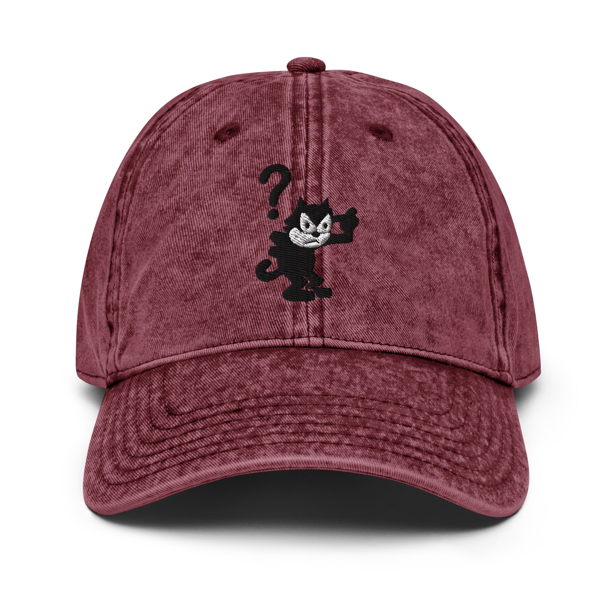 Maroon vintage baseball cap featuring a 1920 Felix the Cat design with a question mark from Disney’s early animation era