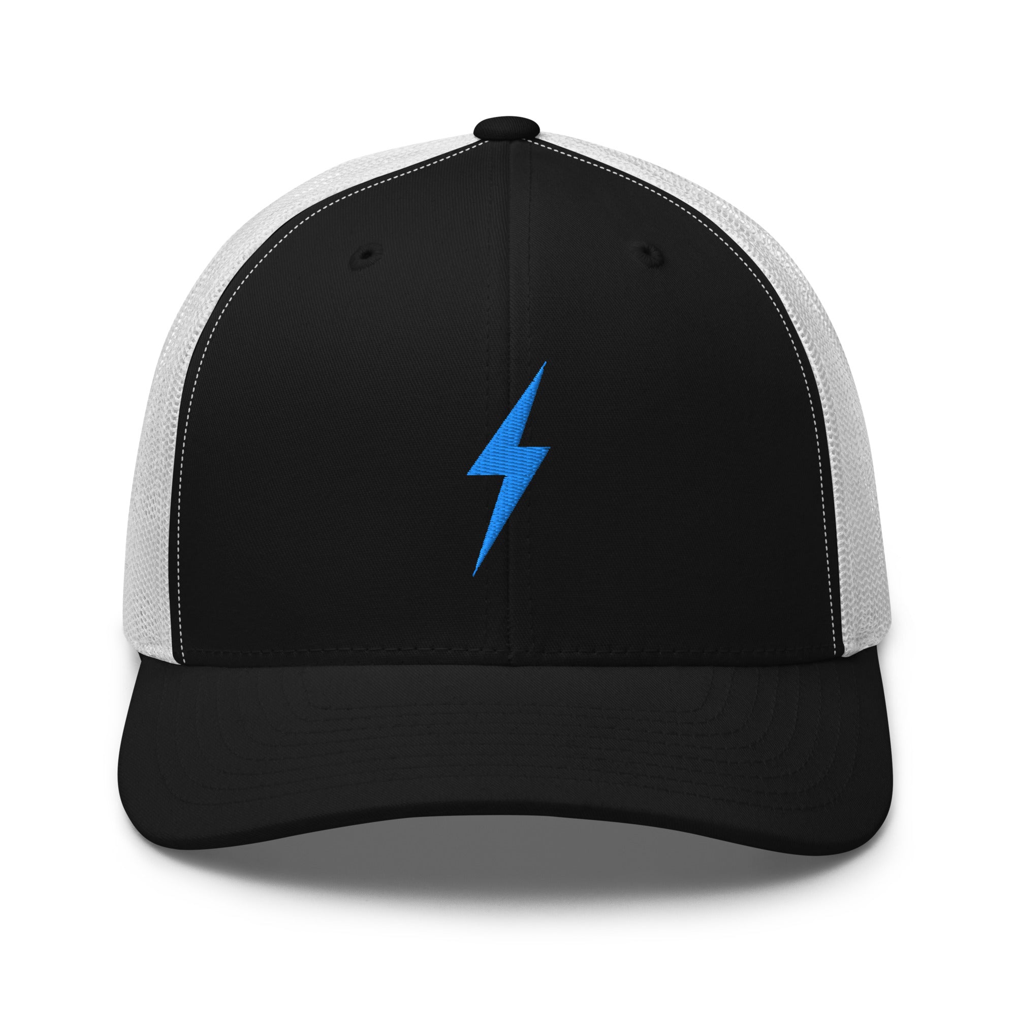 White and black trucker hat with an embroidered sky blue lightning bolt design on the front panel